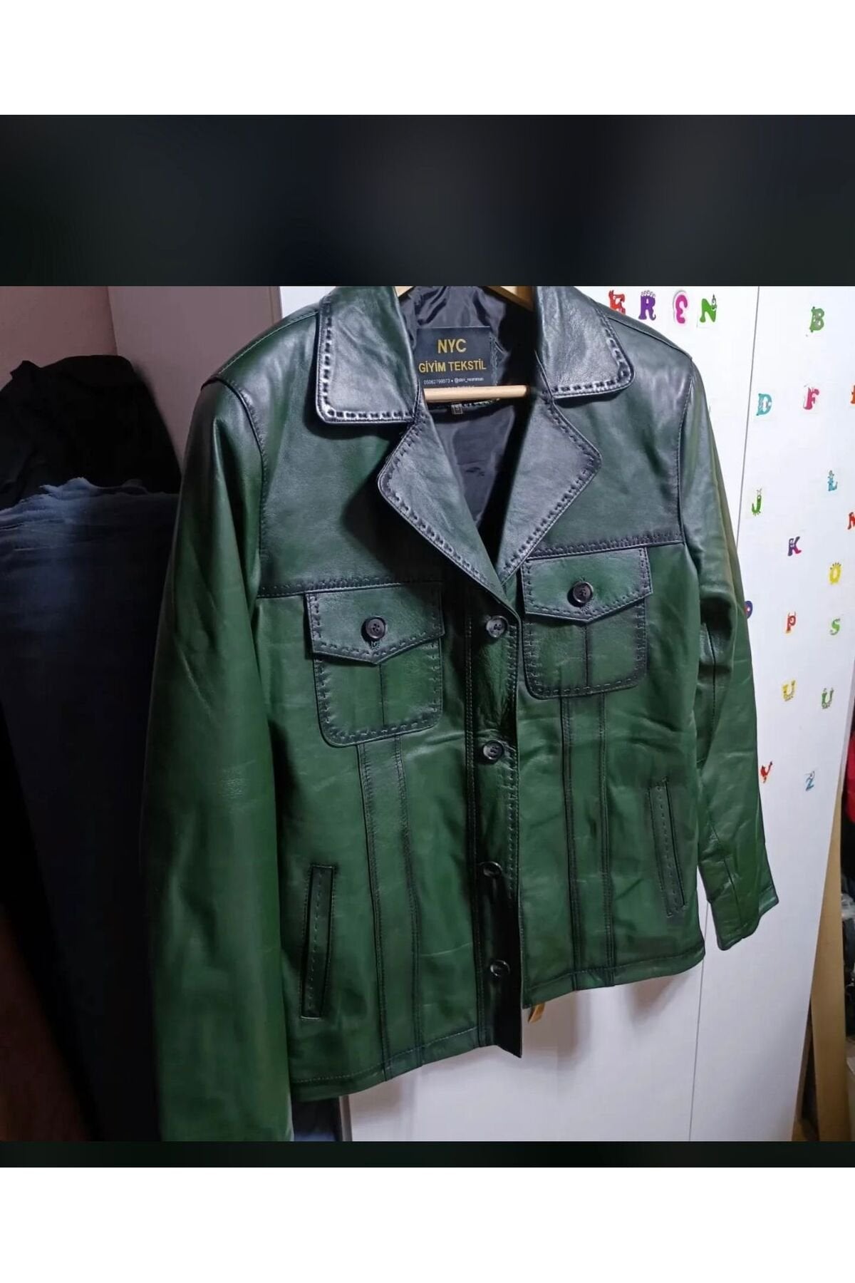 Yeşil Karartmalı Hakiki Deri Ceket Dar Kesim