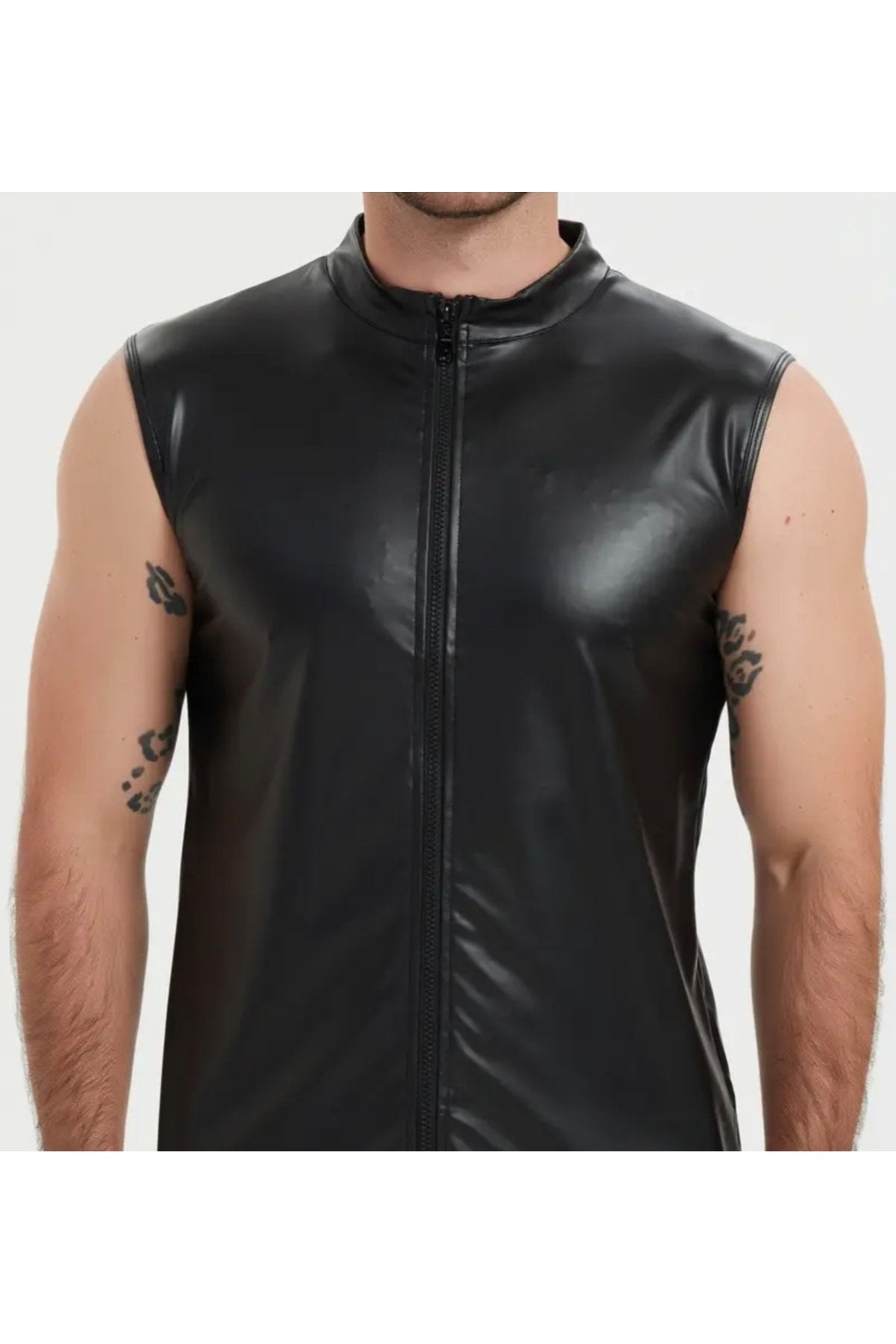 Pu Deri Erkek Yelek Fermuar Kapamalı Dik Yaka