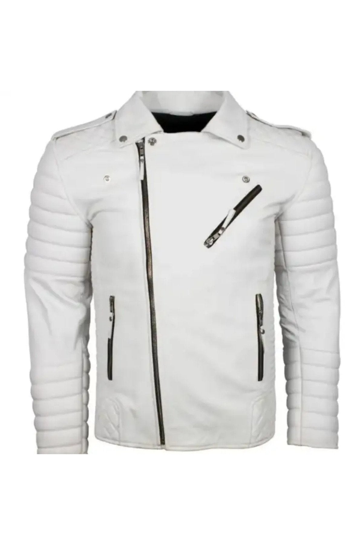 Motorcu tarzı kuzu derisi biker mont beyaz renk