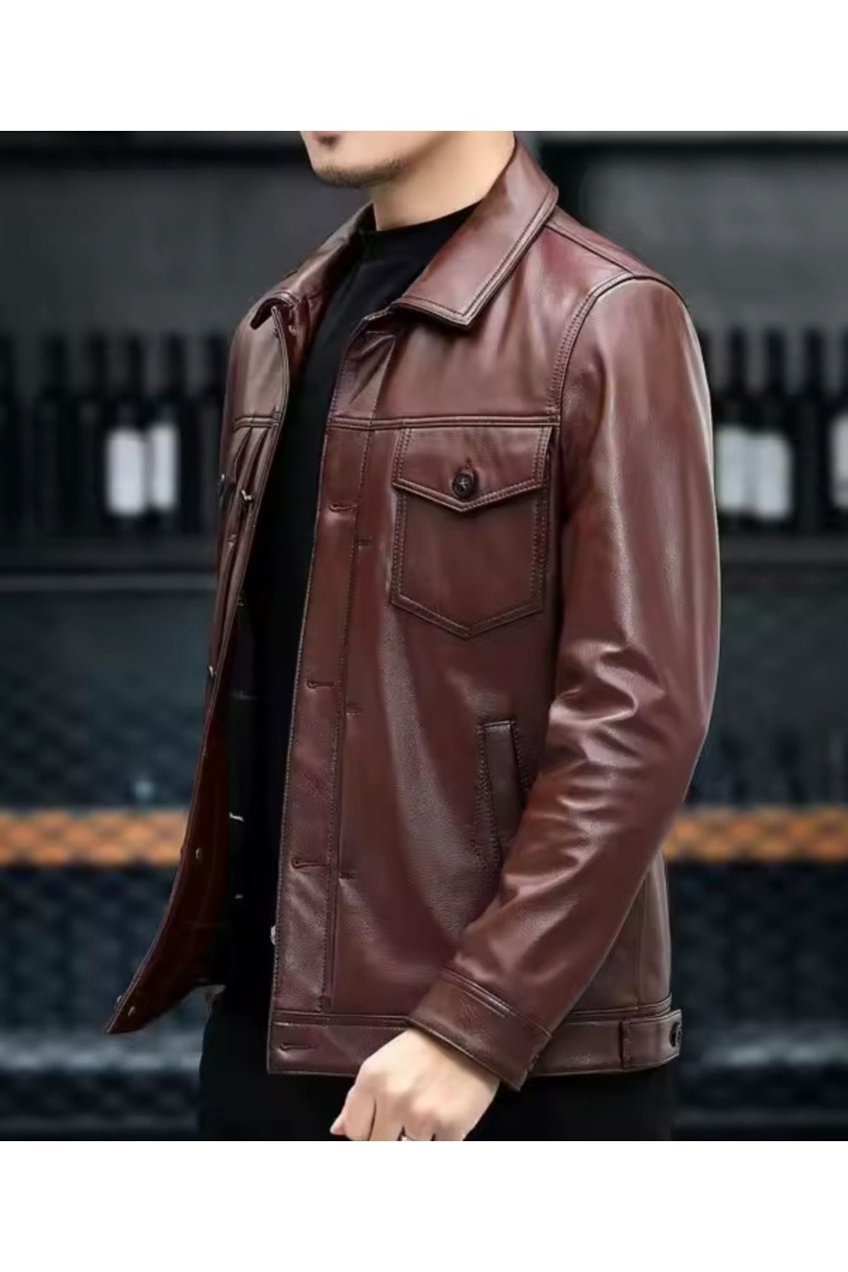 Mevsimlik Ceket Spor Hakiki Deri düğme,gömlek yaka ve dikiş detaylı