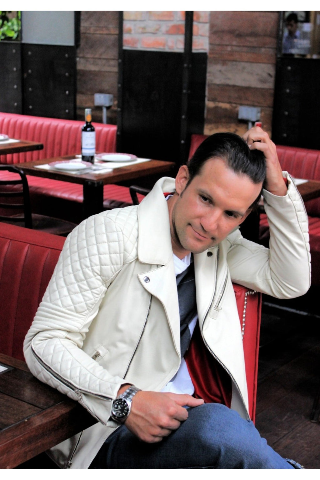 Fil dişi renk Hakiki koyun derisi biker mont