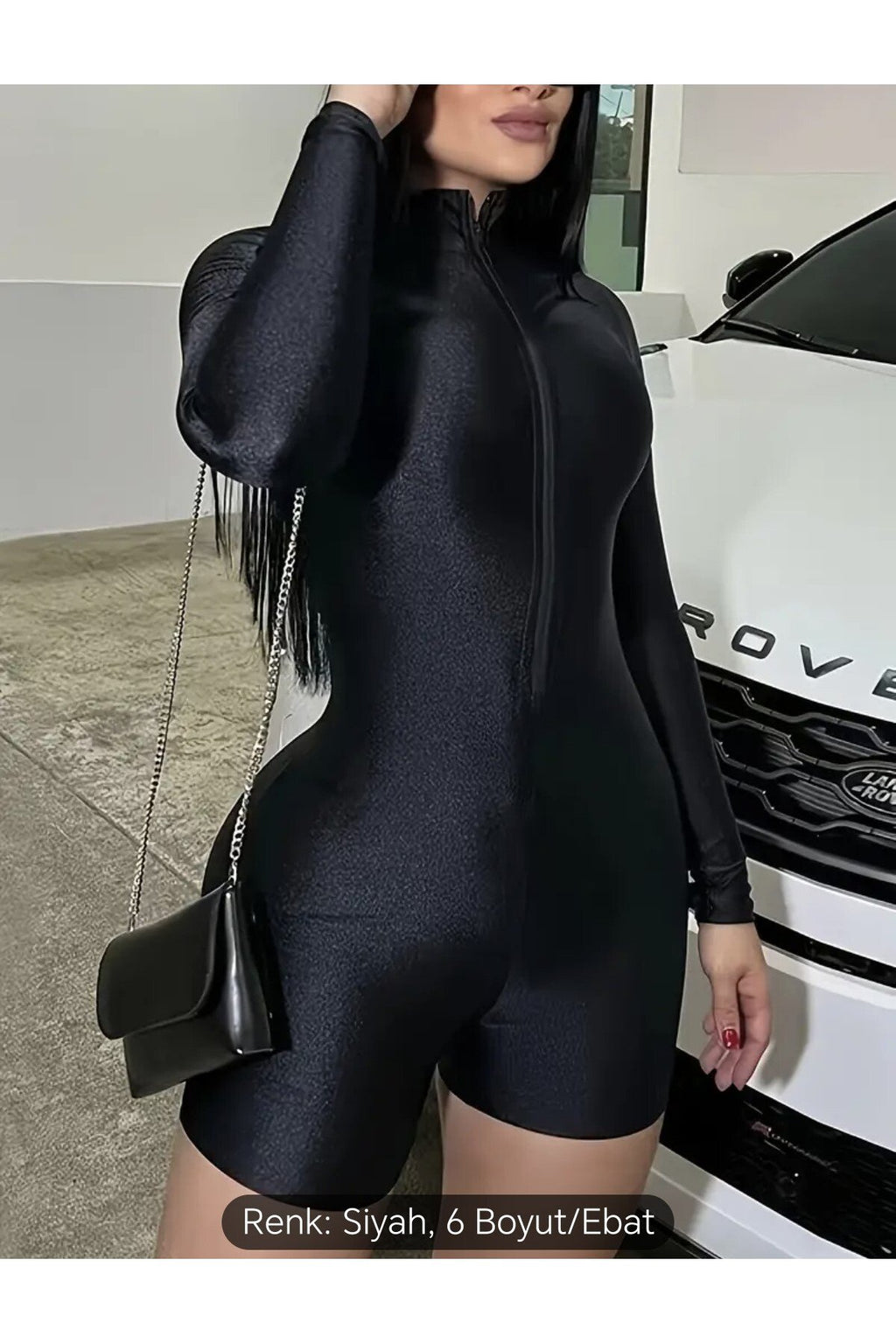 Fermuarlı Şort Tulum Siyah uzun kollu