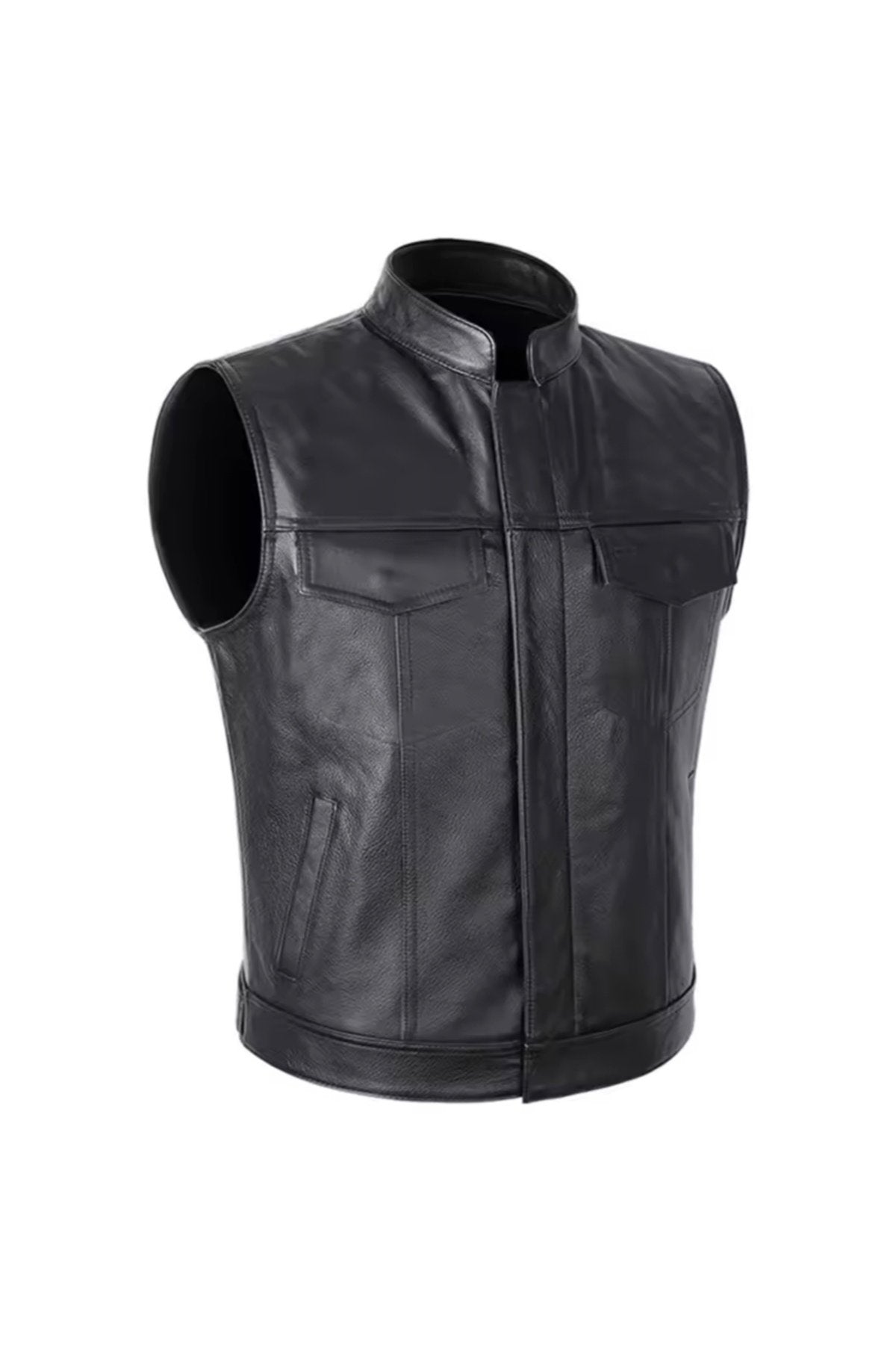 Hakiki deri motorcu tarzı yelek siyah renk cepleri fermuarlı
