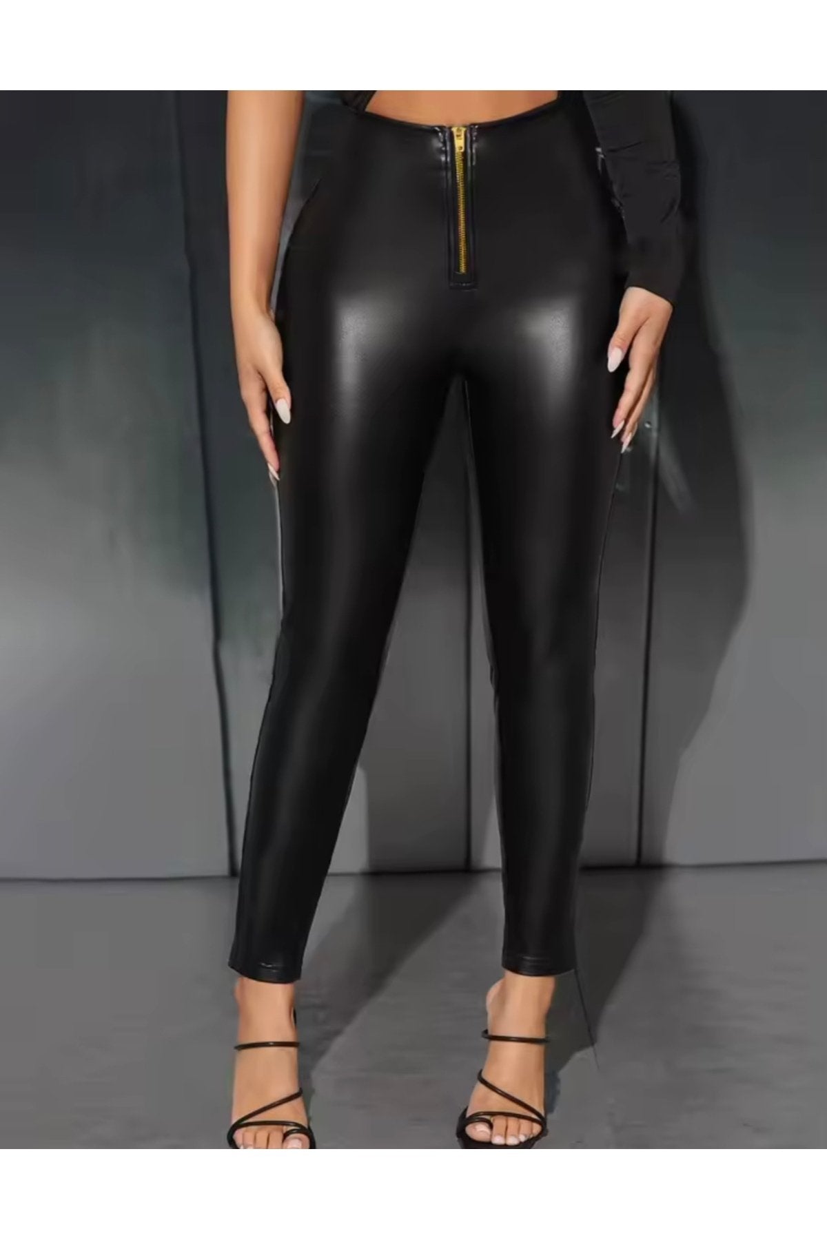 Golden Fermuarlı Deri tayt Kadın dar paça