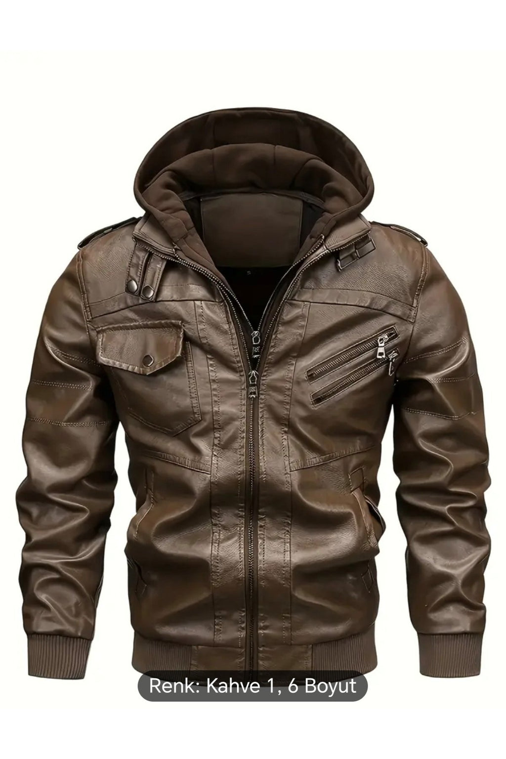 Kapüşonlu hakiki deri apolet ve fermuar detaylı mont