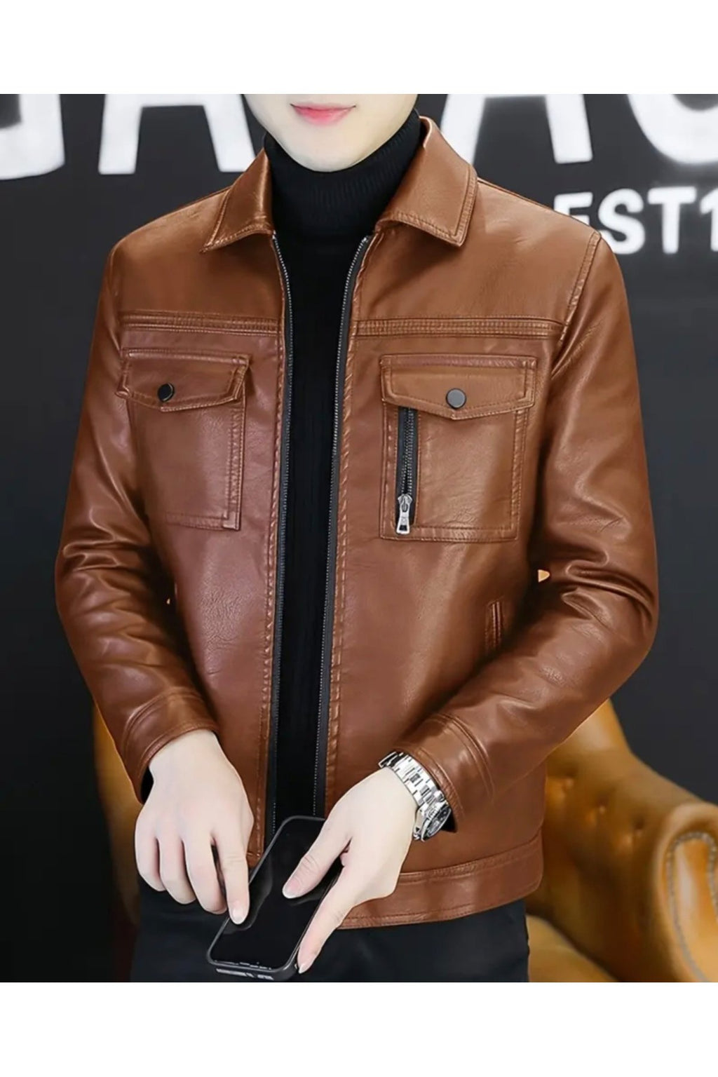 Gömlek Yaka ,Tam Fermuar Kapamalı, Cep Detaylı, Hakiki Kuzu Derisi Spor Ceket