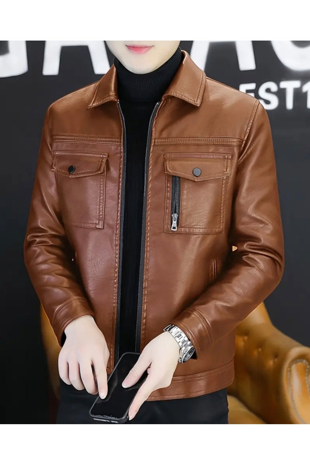 Gömlek Yaka ,Tam Fermuar Kapamalı, Cep Detaylı, Hakiki Kuzu Derisi Spor Ceket