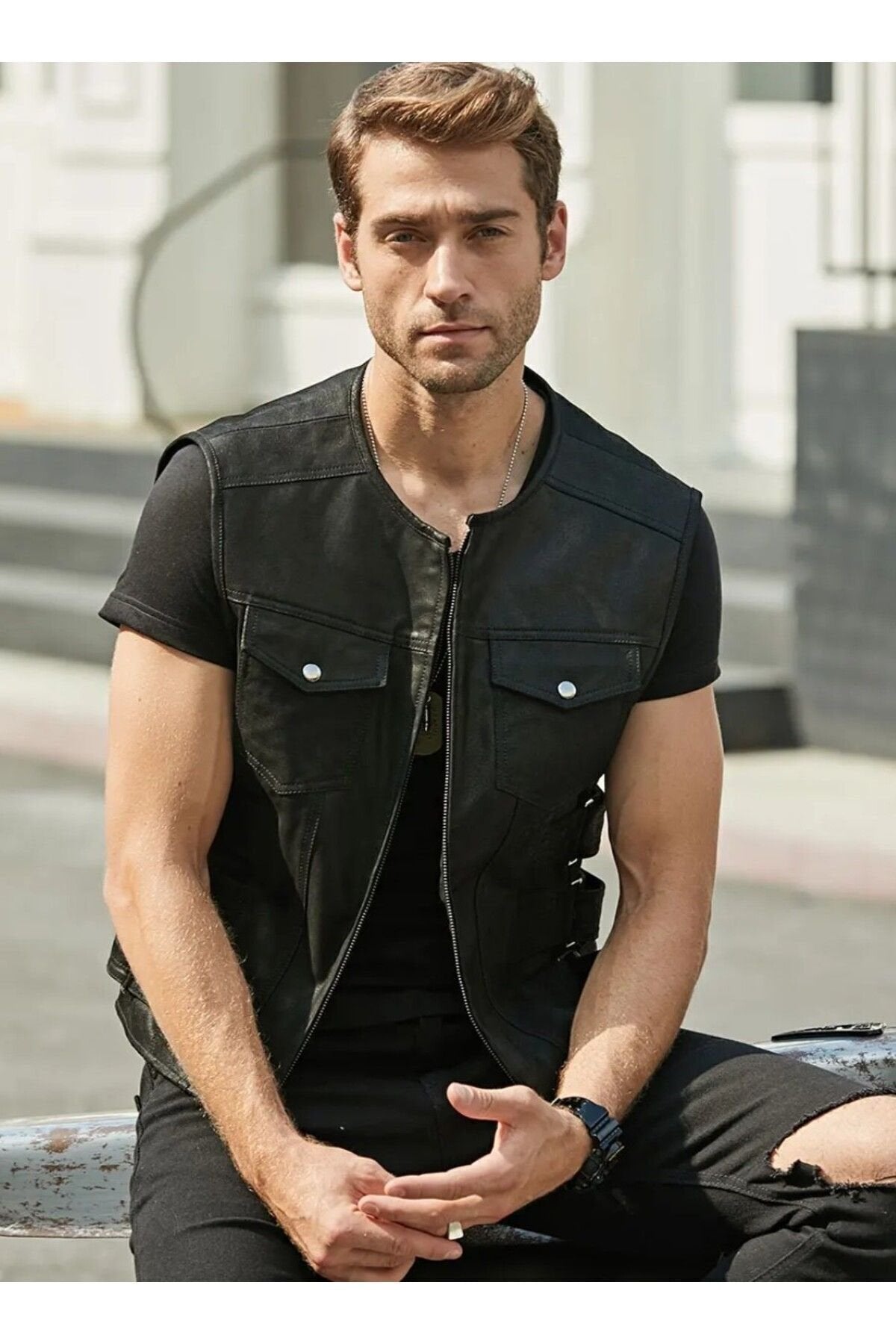 Hakiki Zik Deri Motorcu Yelek