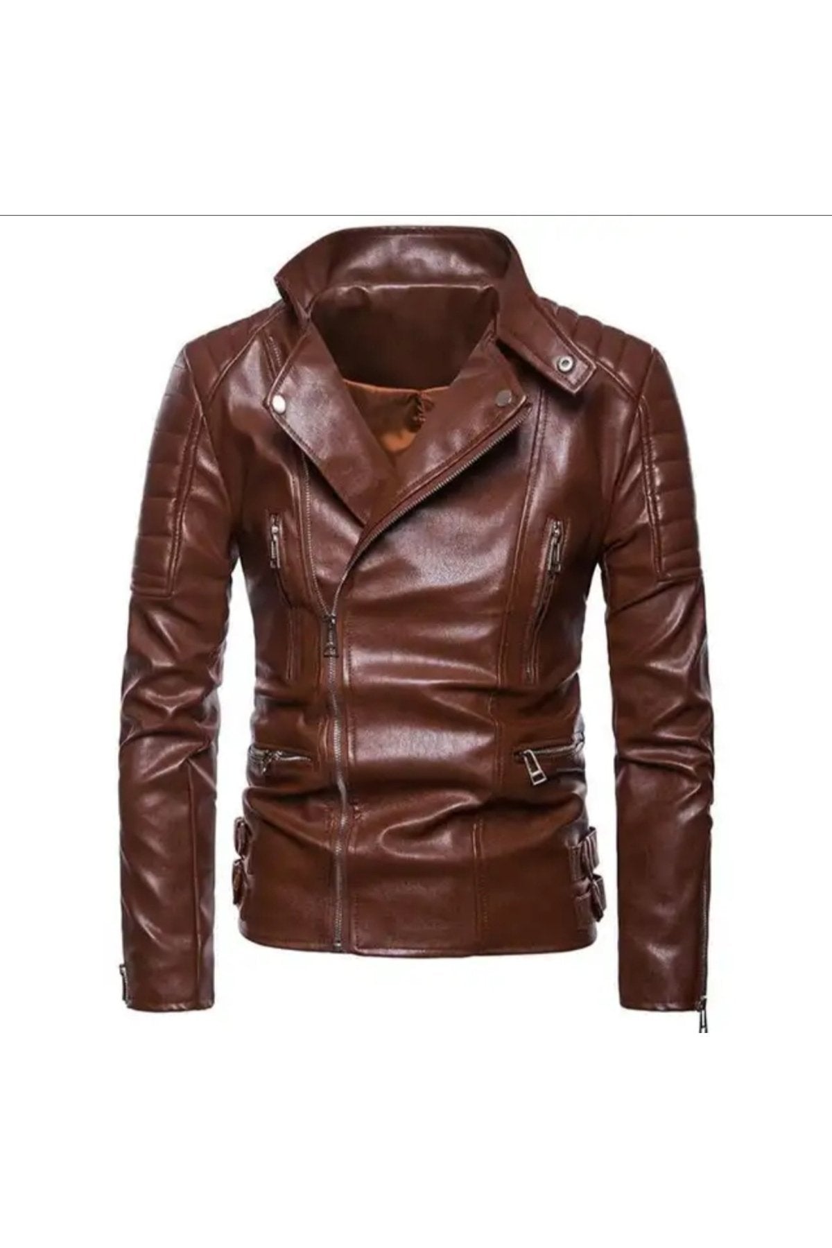 Motorcu tarzı kuzu derisi biker mont kahve renk