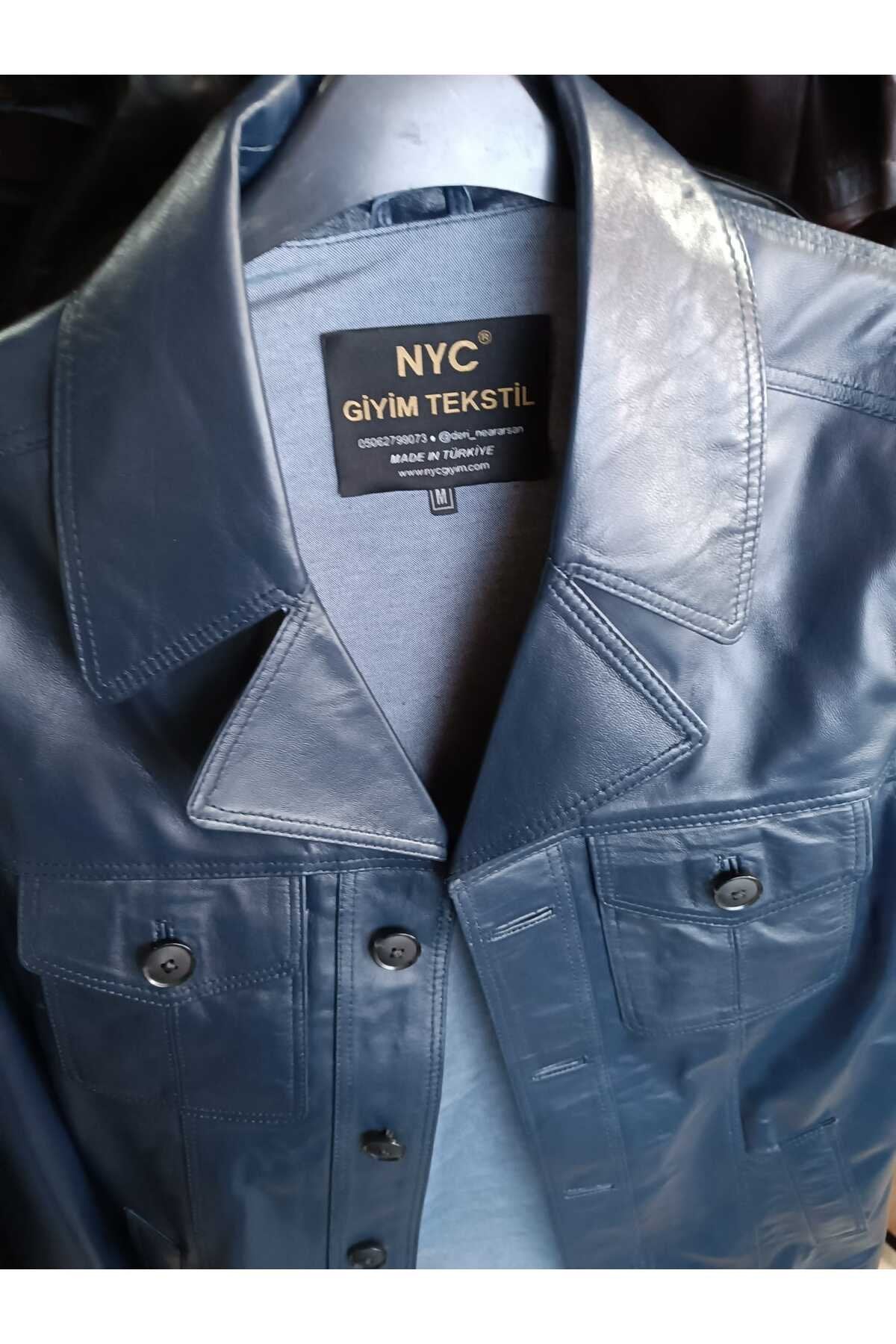 Hakiki Kuzu Derisi Lacivert Renk Uzun Ceket