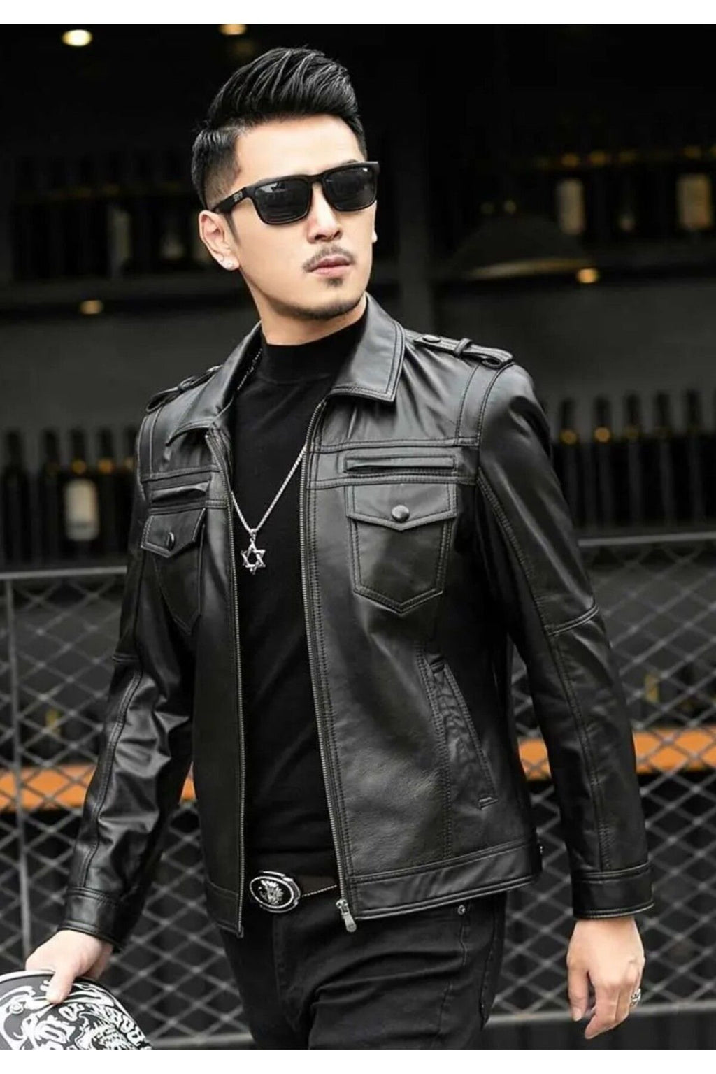 Hakiki deri ceket tarzı mont apoletli