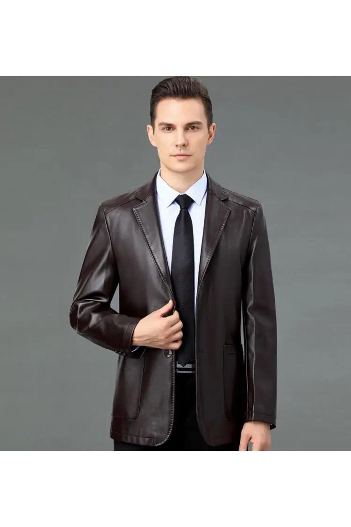 Hakiki deri ince kesit blazer klasik ceket