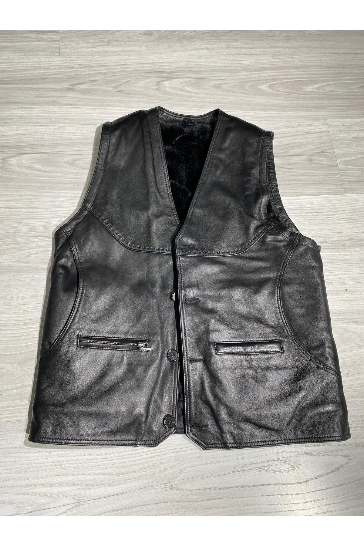 Kürklü Rahat Kesim Uzun Yelek 6 Cepli Hakiki Koyun Derisi