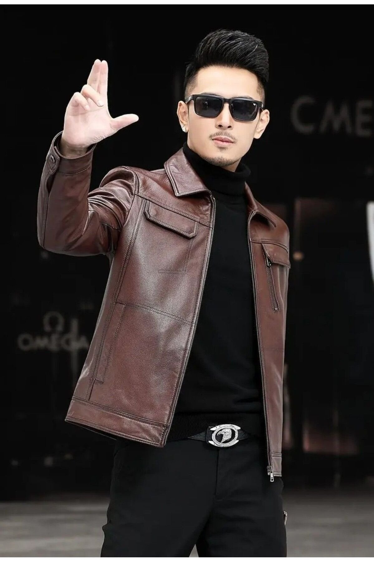 Hakiki deri ceket tarzı mont gömlek yaka