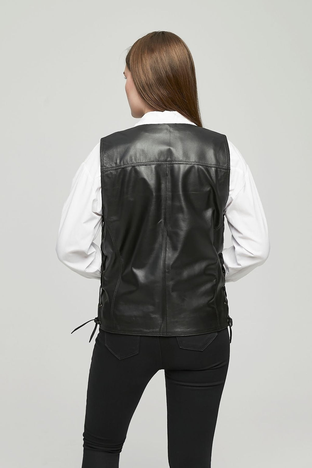 Hakiki Deri Yandan Ayarlanabilir Bağcıklı Yelek Siyah Renk Kadın