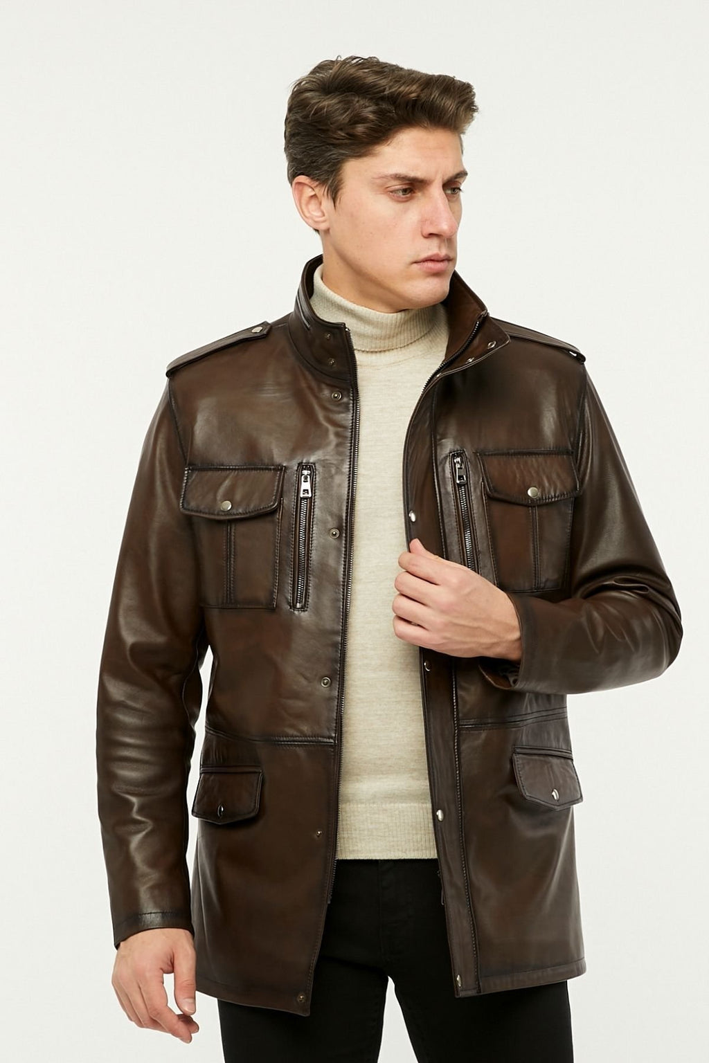 Hakiki deri uzun mont hakim dik yaka kahve renk