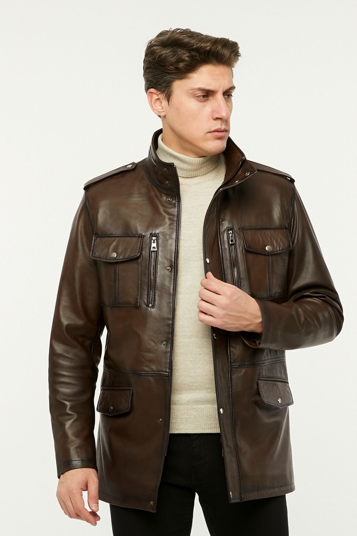 Hakiki deri uzun mont hakim dik yaka kahve renk