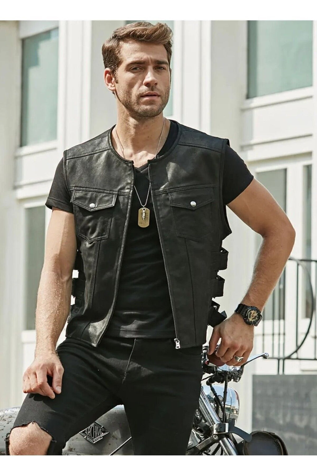 Hakiki Zik Deri Motorcu Yelek
