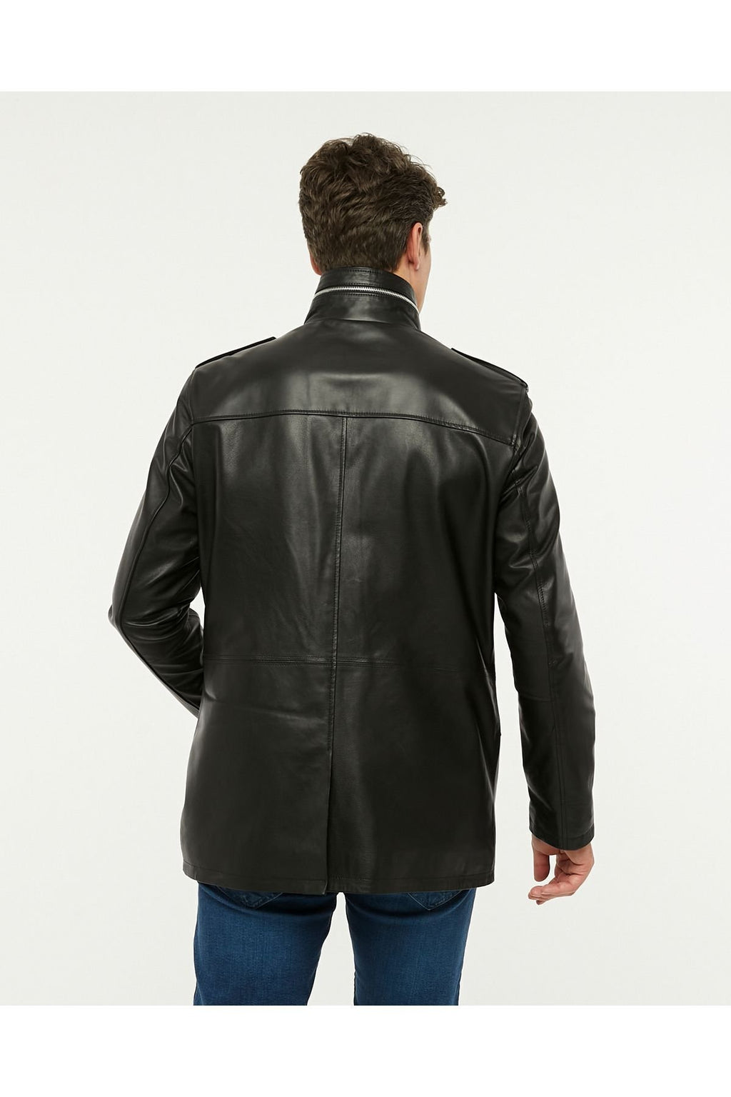 Hakiki deri uzun mont hakim dik yaka siyah renk