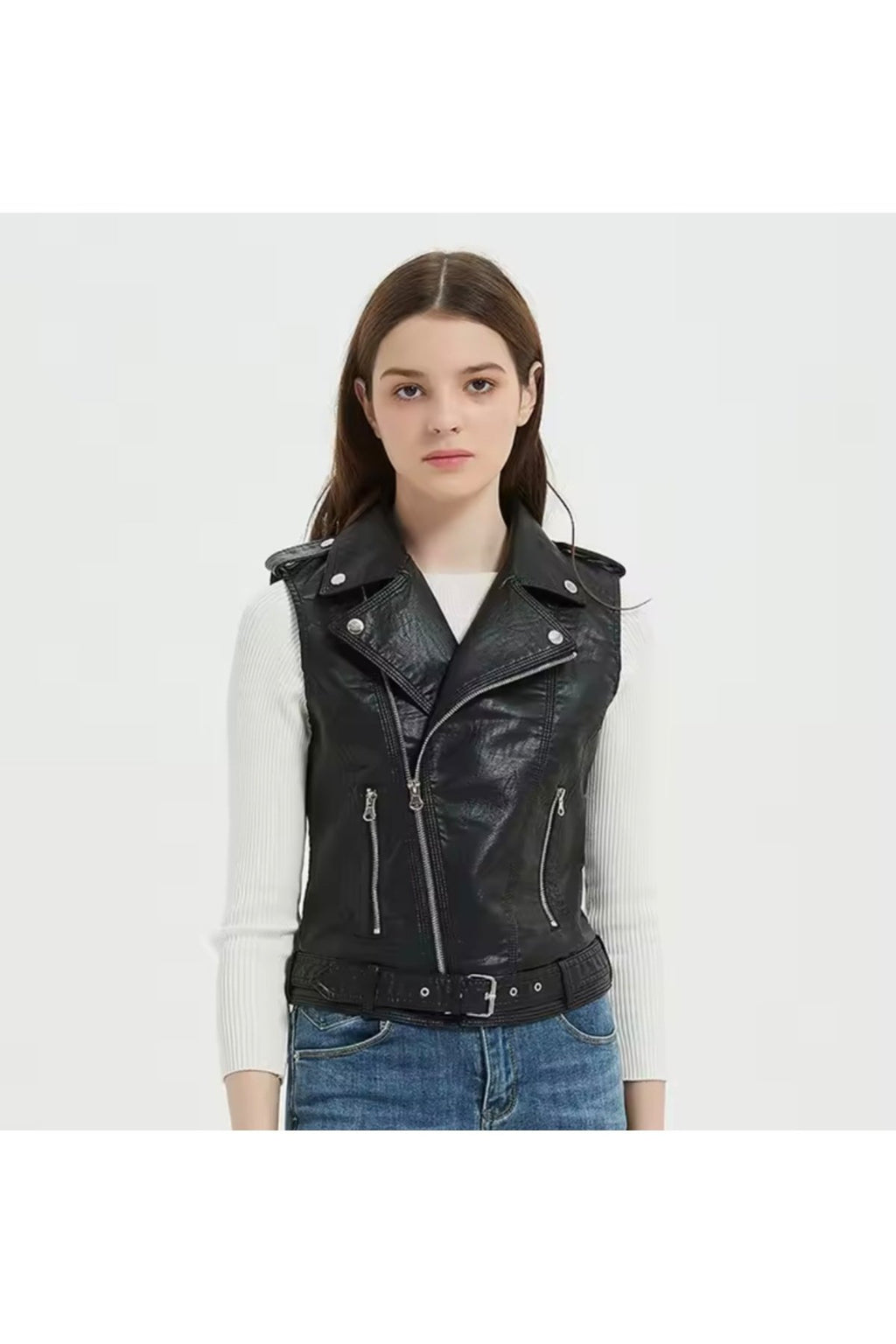 Hakiki kuzu derisi Kadın Motorcu Tarzı Biker Yelek