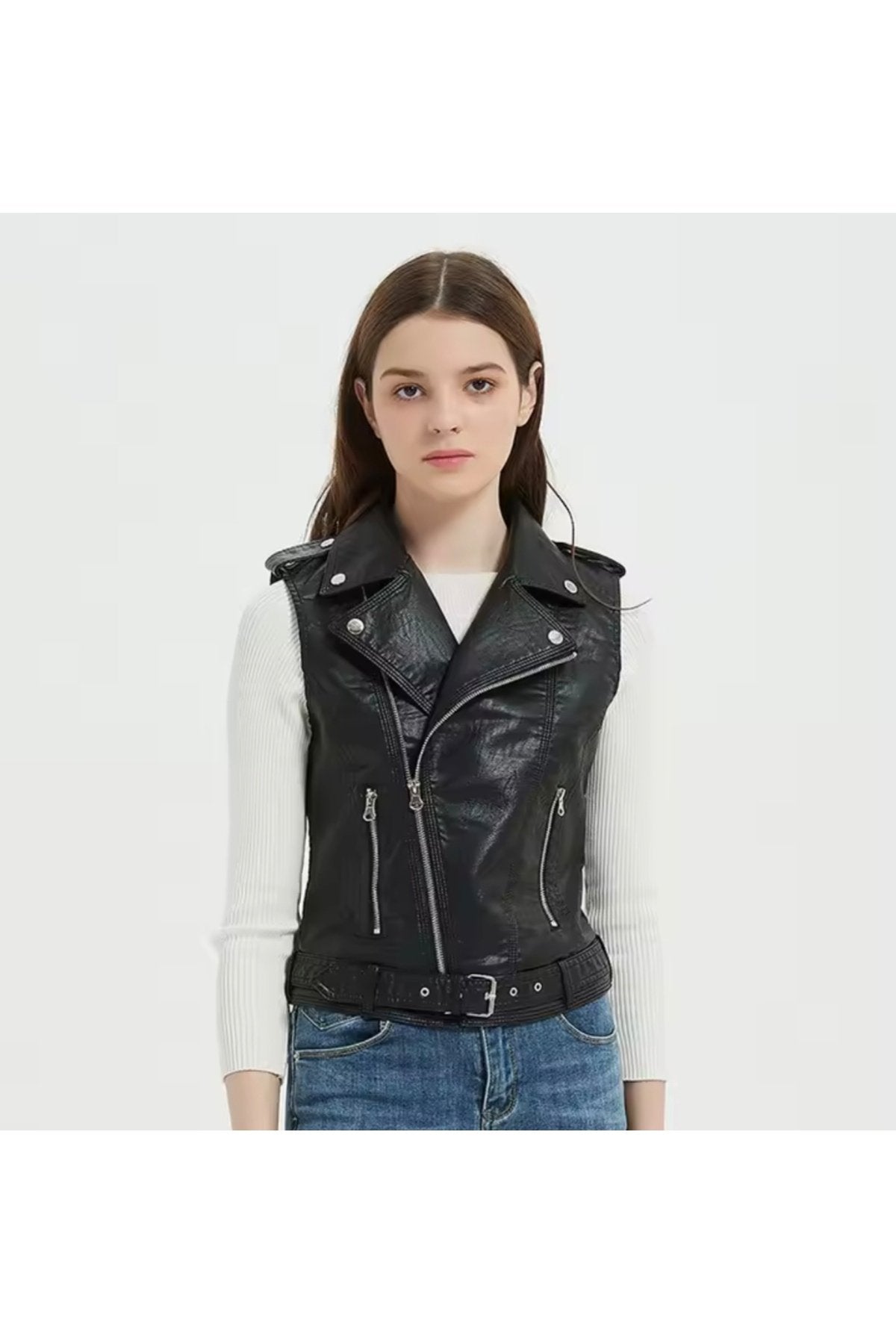 Hakiki kuzu derisi Kadın Motorcu Tarzı Biker Yelek