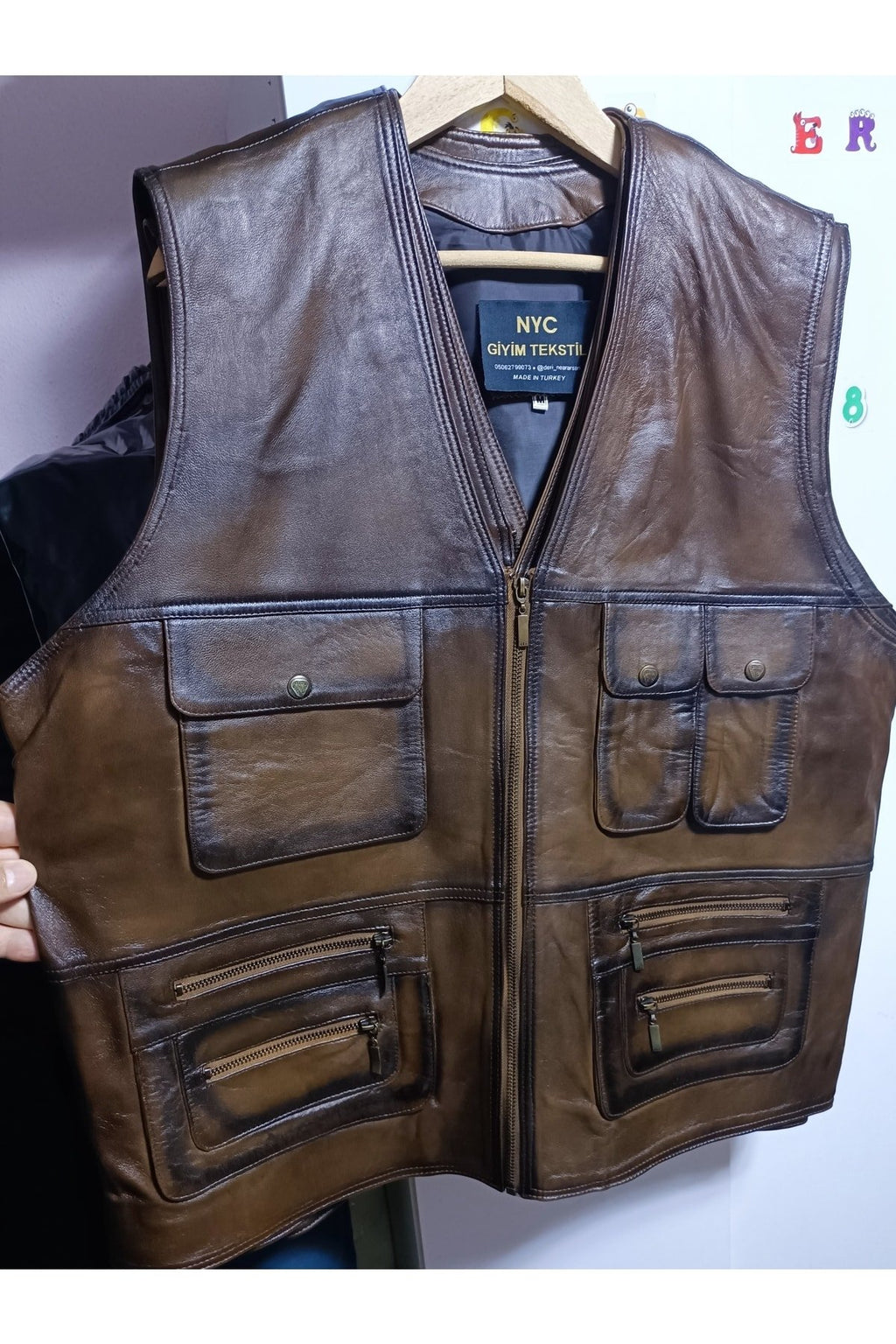 Hakiki Deri Avcı Yeleği Karartmalı Kahve