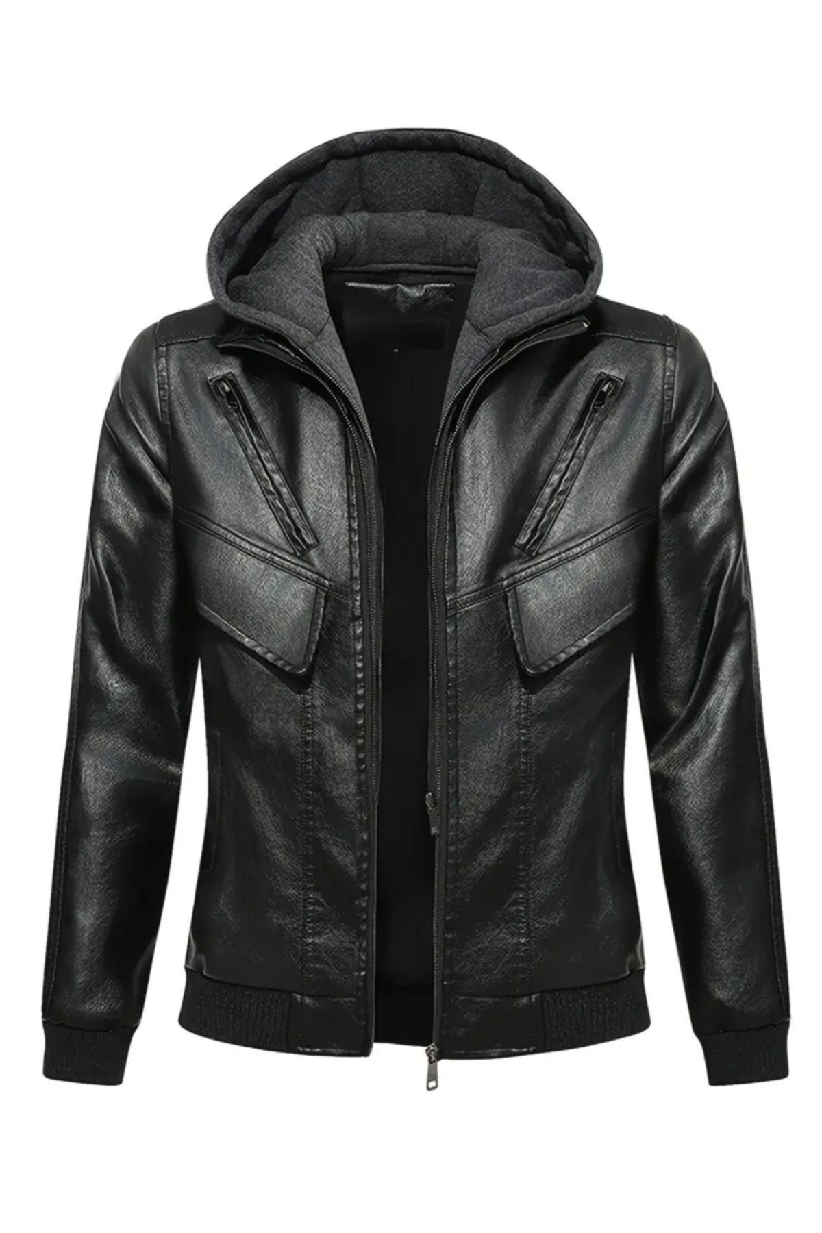 Kapüşonlu Hakiki Deri Kapak Süslü Mont Mat Veya Parlak Seçenekli