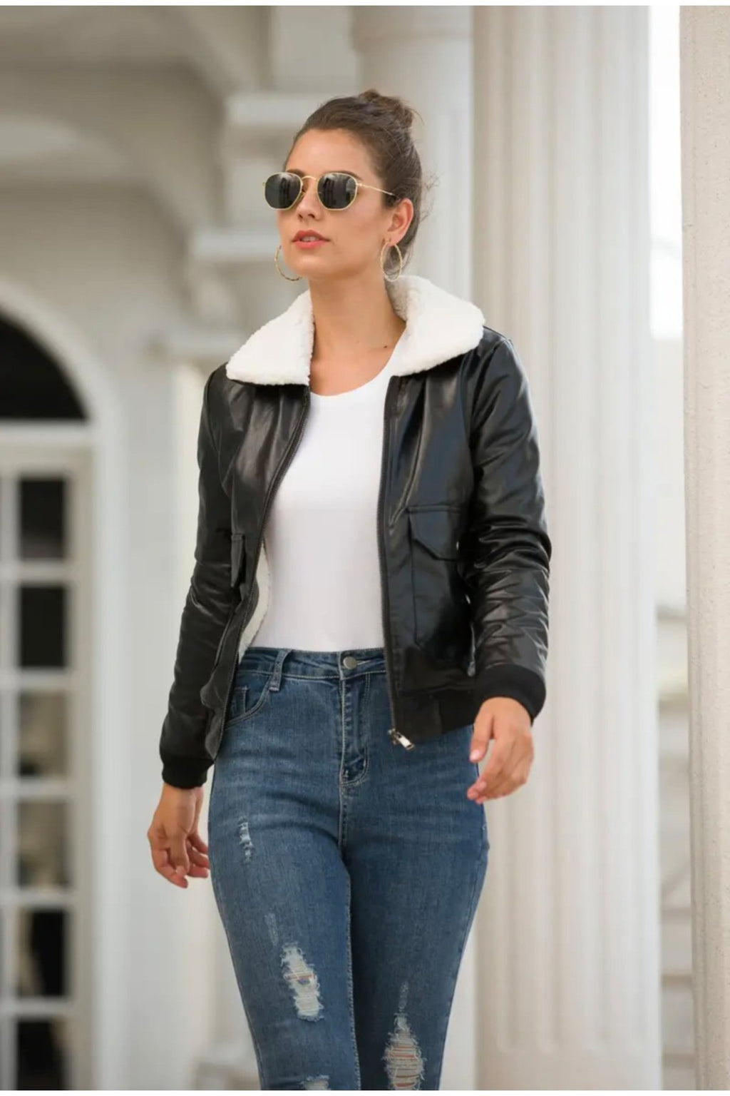 Hakiki Kuzu Derisi Yakası ve İçi Beyaz Kürk Kadın Mont