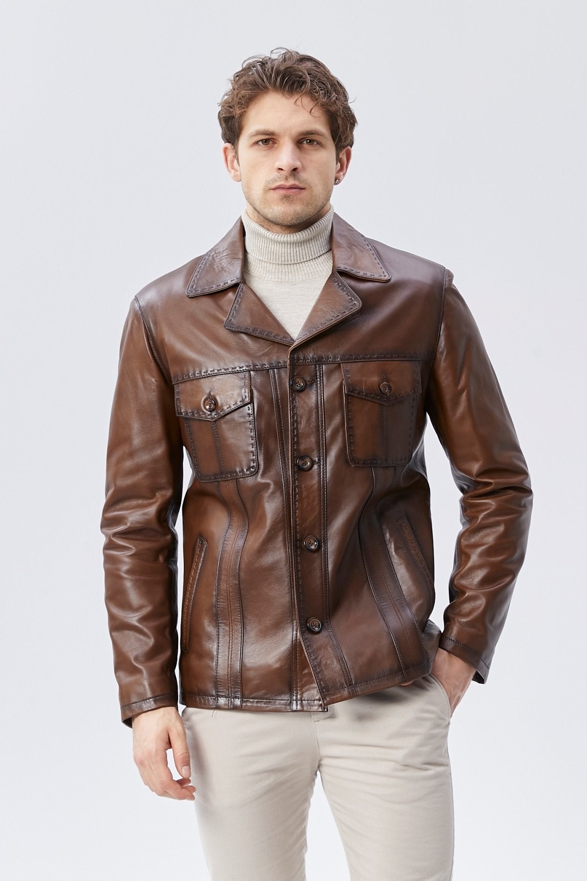 Hakiki Deri Ceket Karartmalı Taba Renk