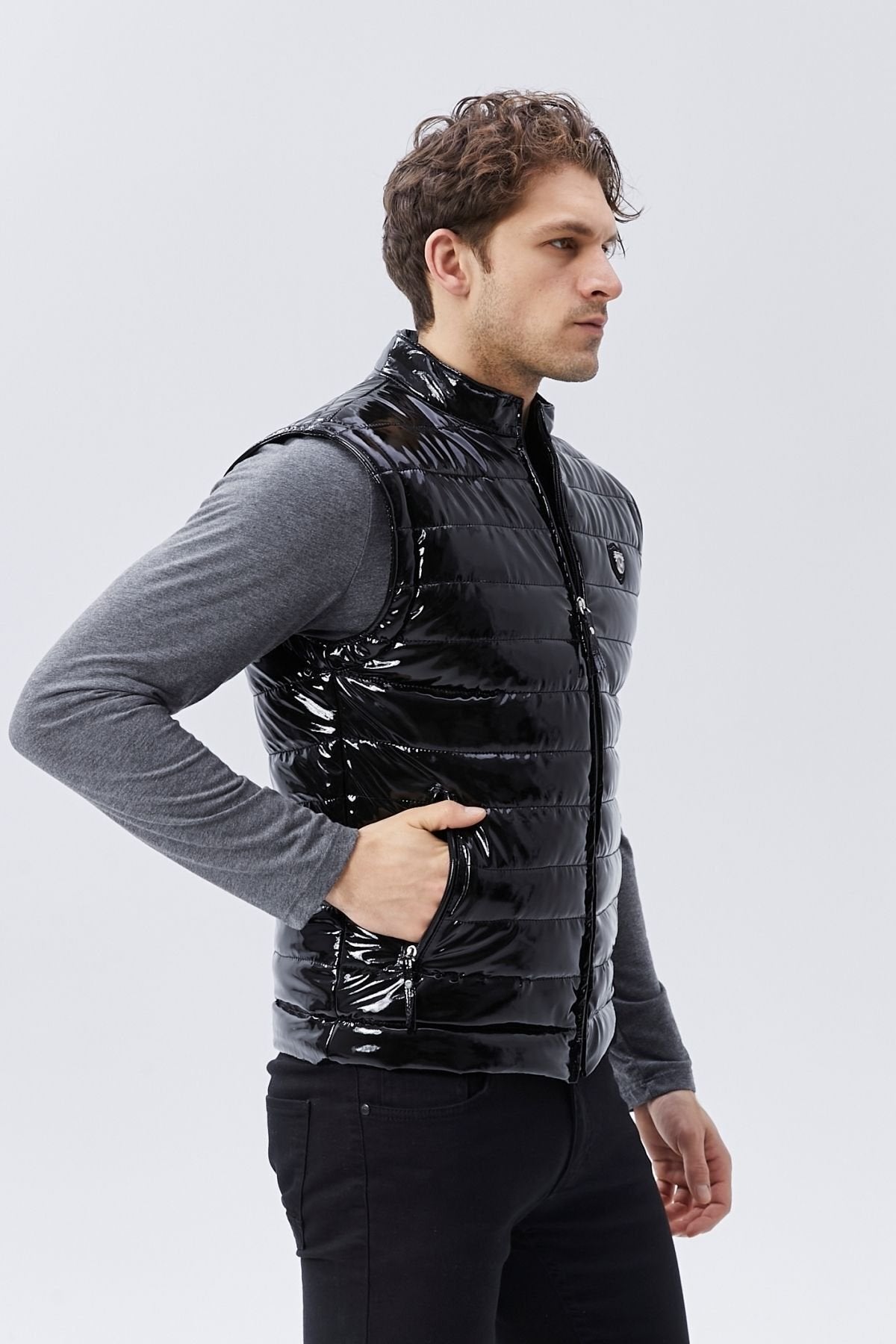 Rugan Deri Yelek Siyah Parlak Renk Erkek