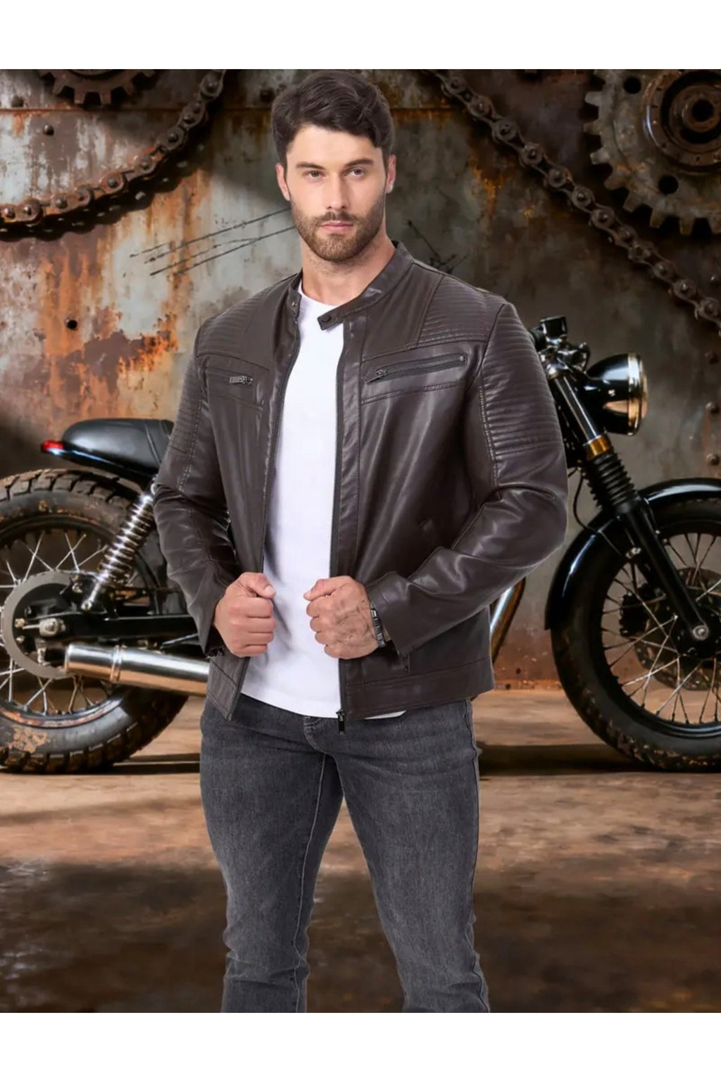 Omuzları ve Kolları Dikiş Detaylı Hakiki Kuzu Derisi Motorcu Mont Kahverengi