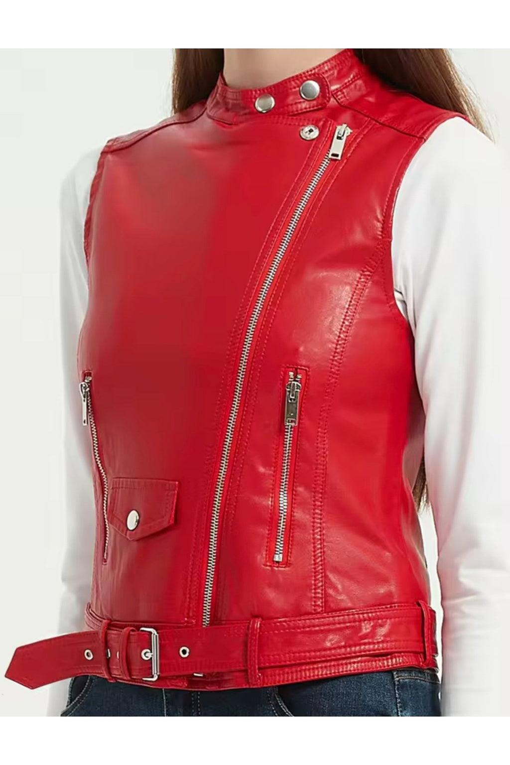 Hakiki kuzu derisi Kadın Motorcu Tarzı Biker Yelek
