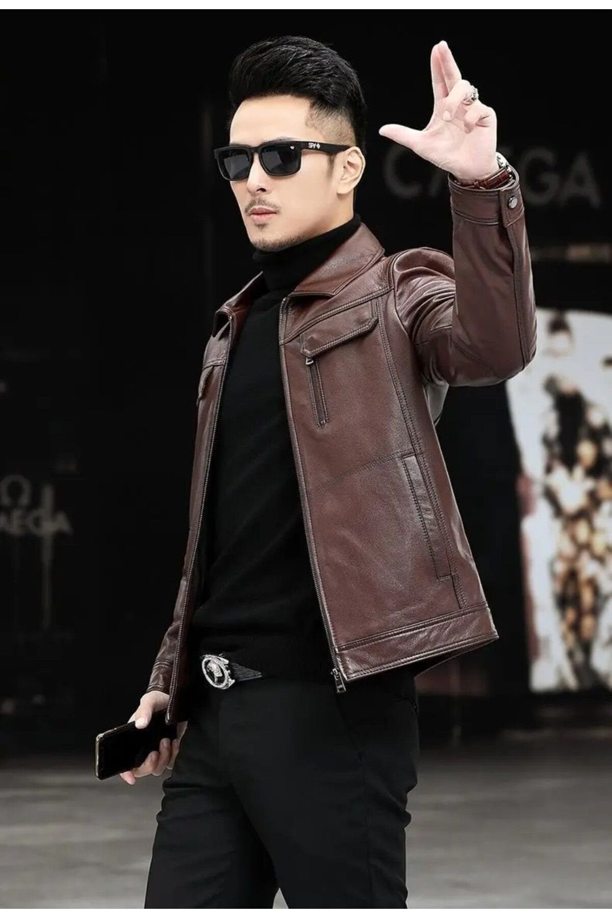 Hakiki deri ceket tarzı mont gömlek yaka