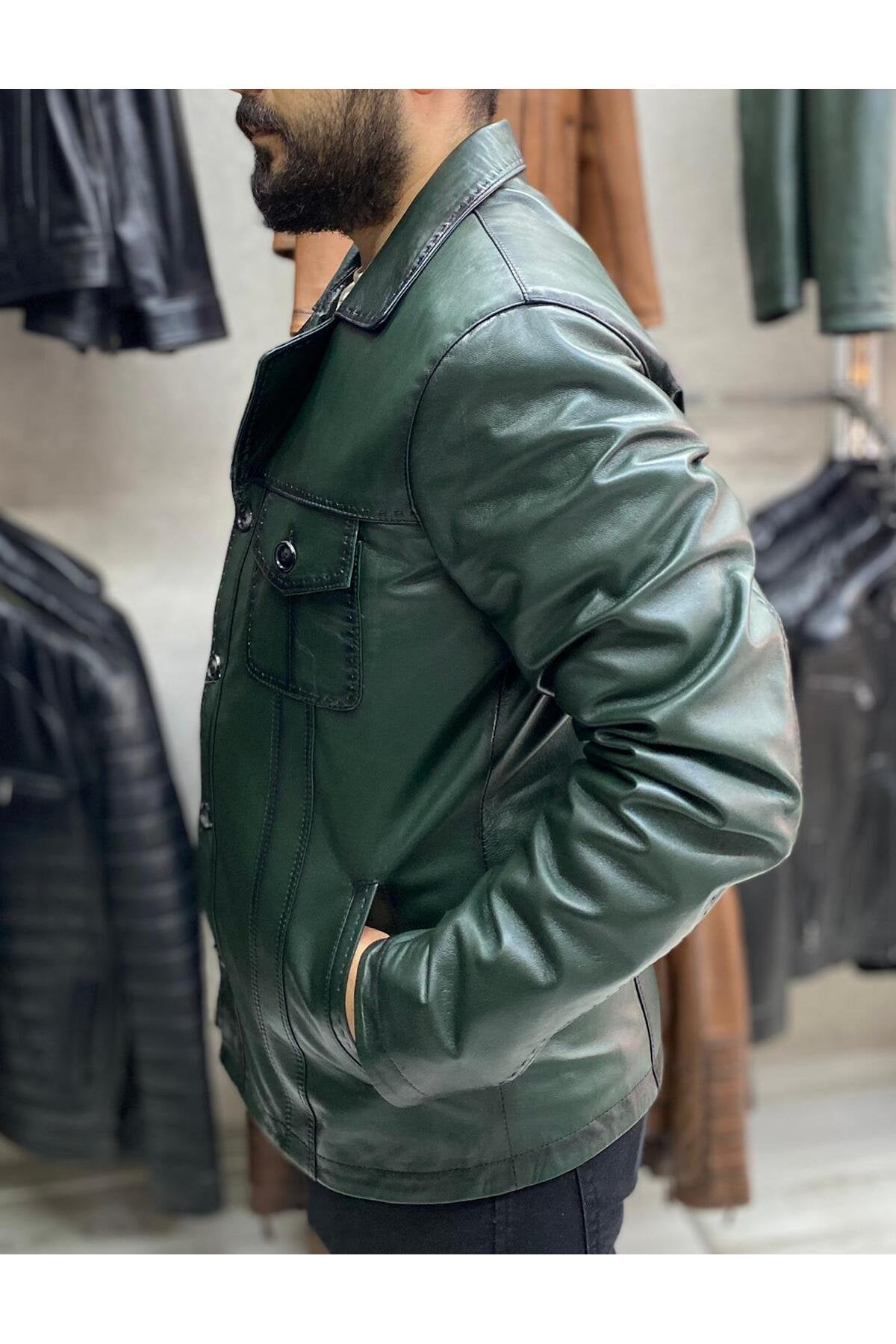 Yeşil Karartmalı Hakiki Deri Ceket Dar Kesim