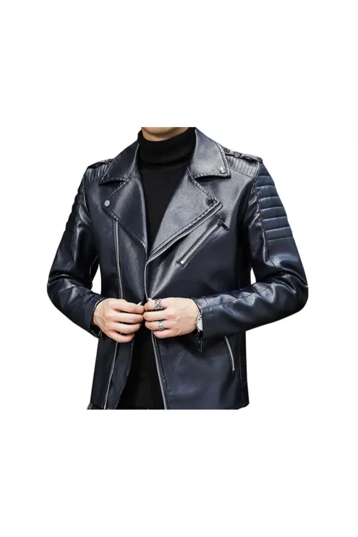 Motorcu tarzı kuzu derisi biker mont lacivert renk