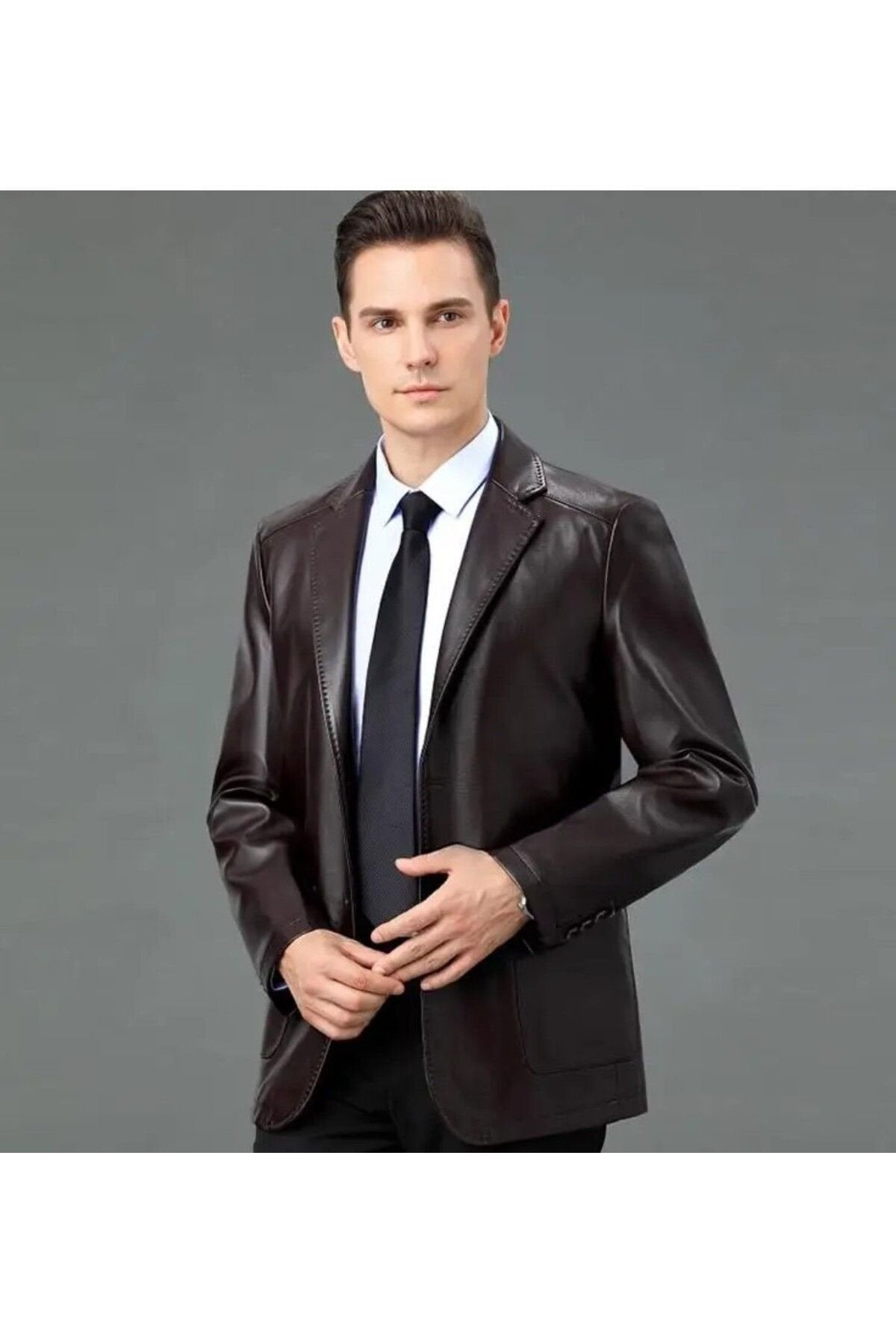 Hakiki deri ince kesit blazer klasik ceket