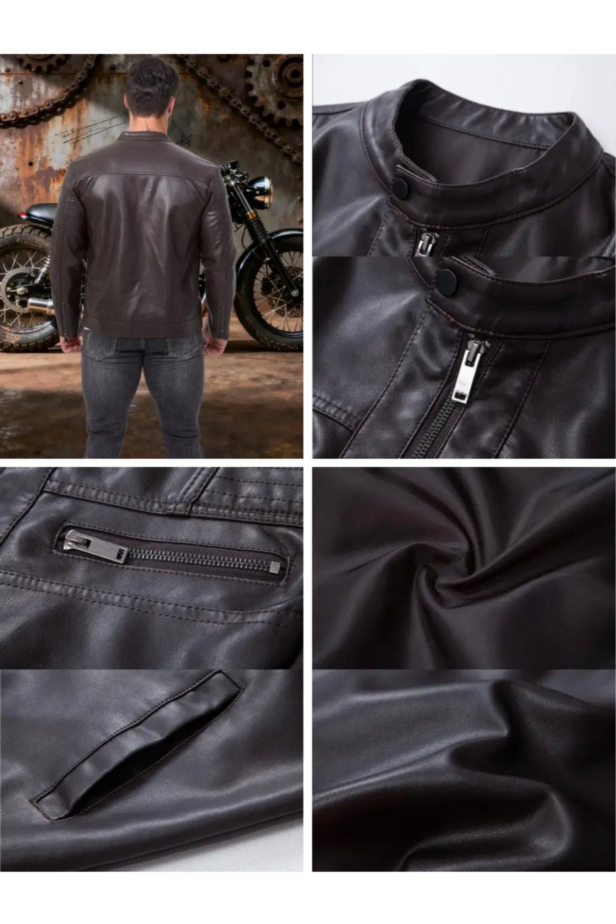 Omuzları ve Kolları Dikiş Detaylı Hakiki Kuzu Derisi Motorcu Mont Kahverengi