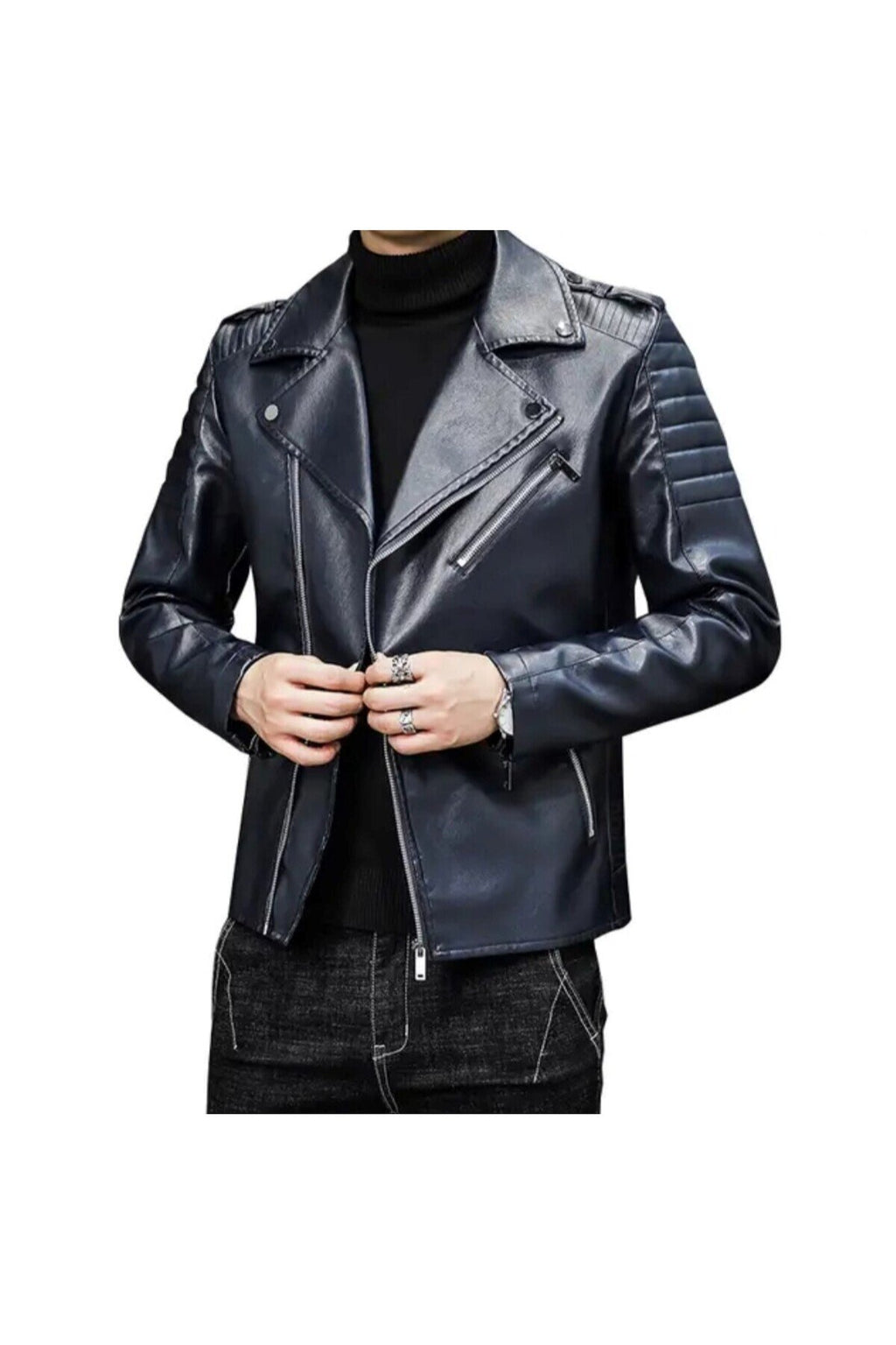 Motorcu tarzı kuzu derisi biker mont lacivert renk