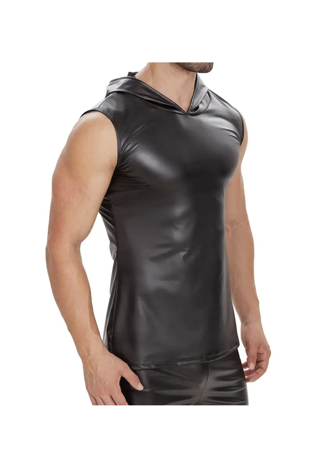 Deri Tişört Kapüşonlu Sıfır Kol Dar Kesim