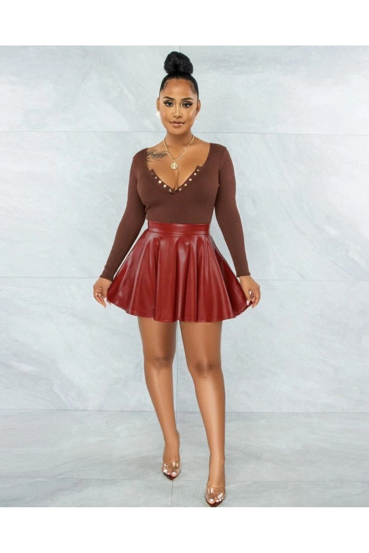 Kloş suni deri etek orta boy