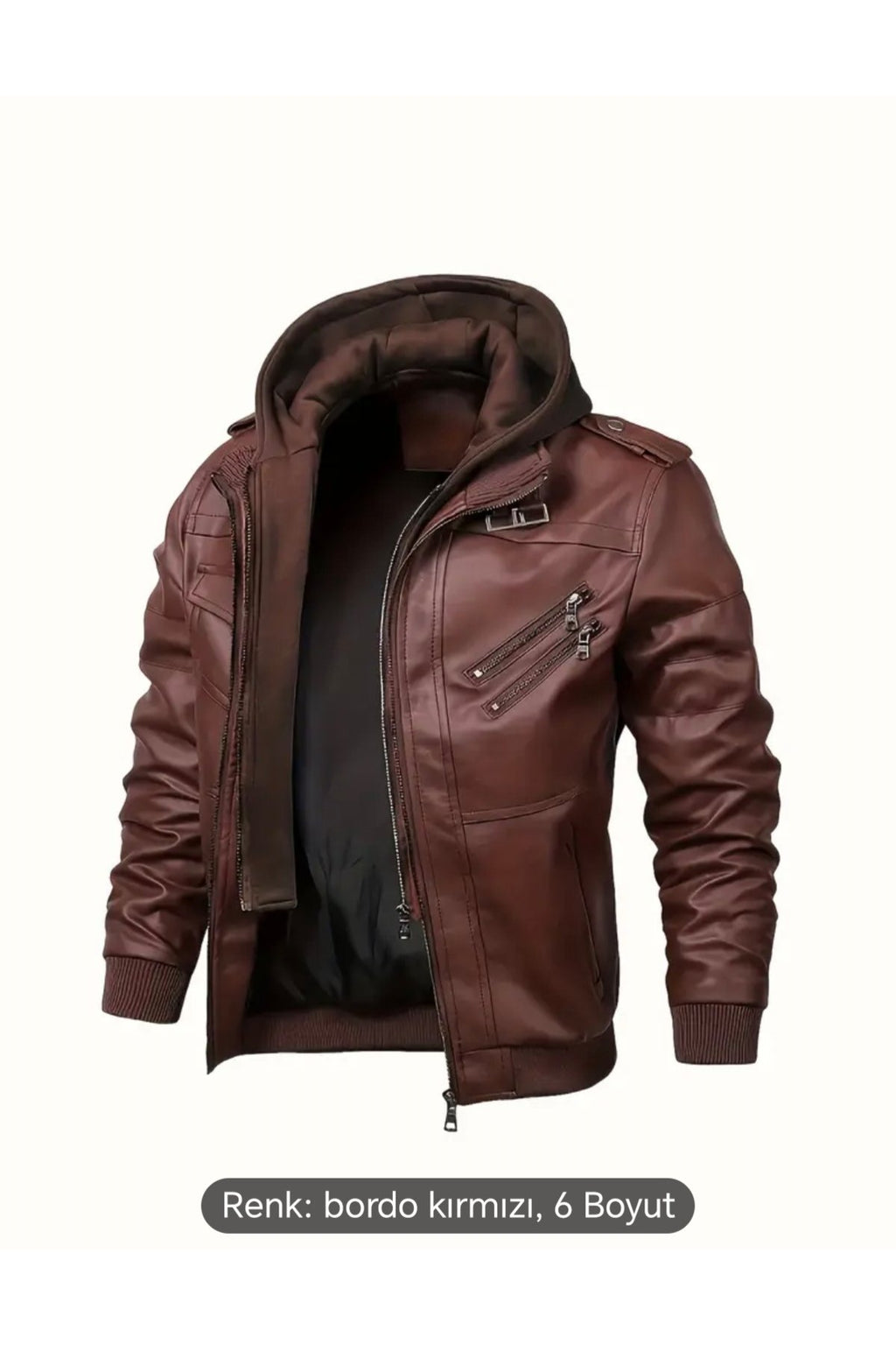 Kapüşonlu hakiki deri apolet ve fermuar detaylı mont