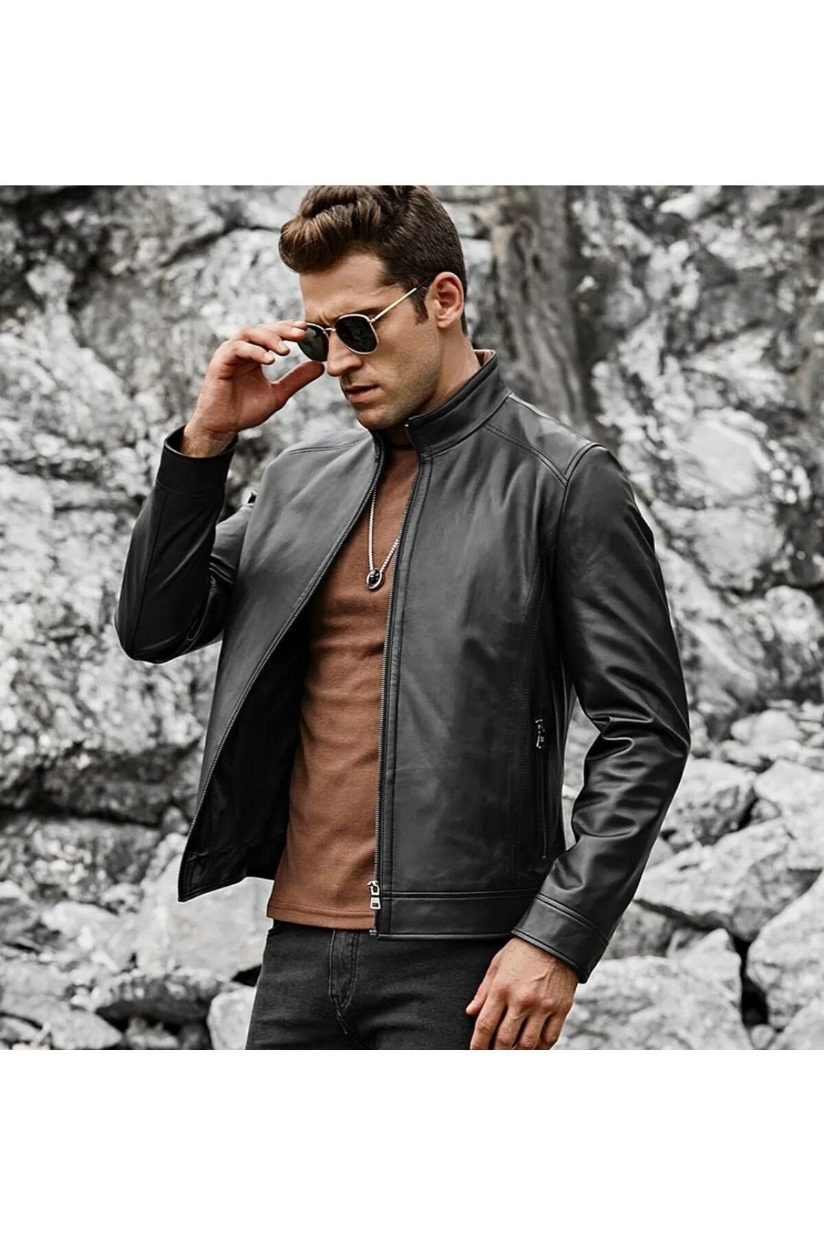 Dik yaka hakiki deri düz mont