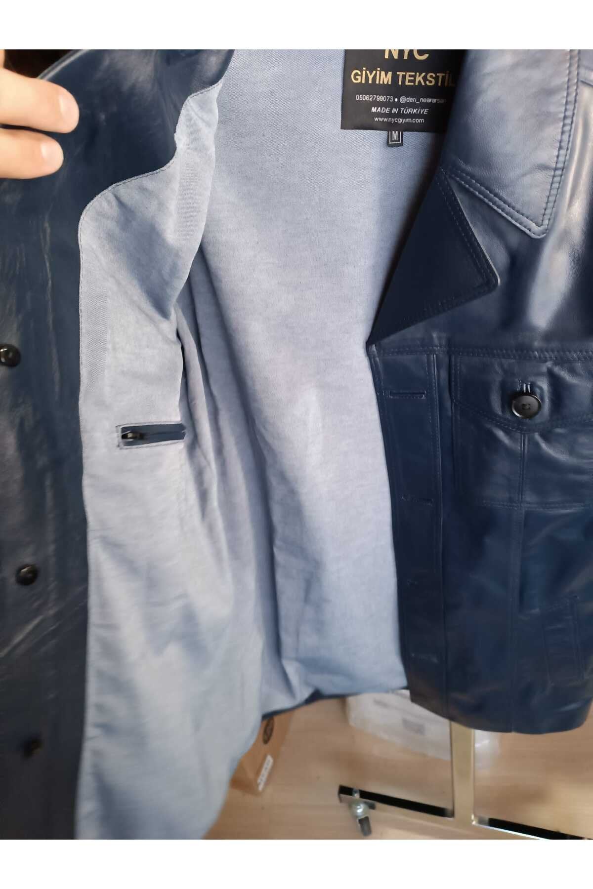 Hakiki Kuzu Derisi Lacivert Renk Uzun Ceket