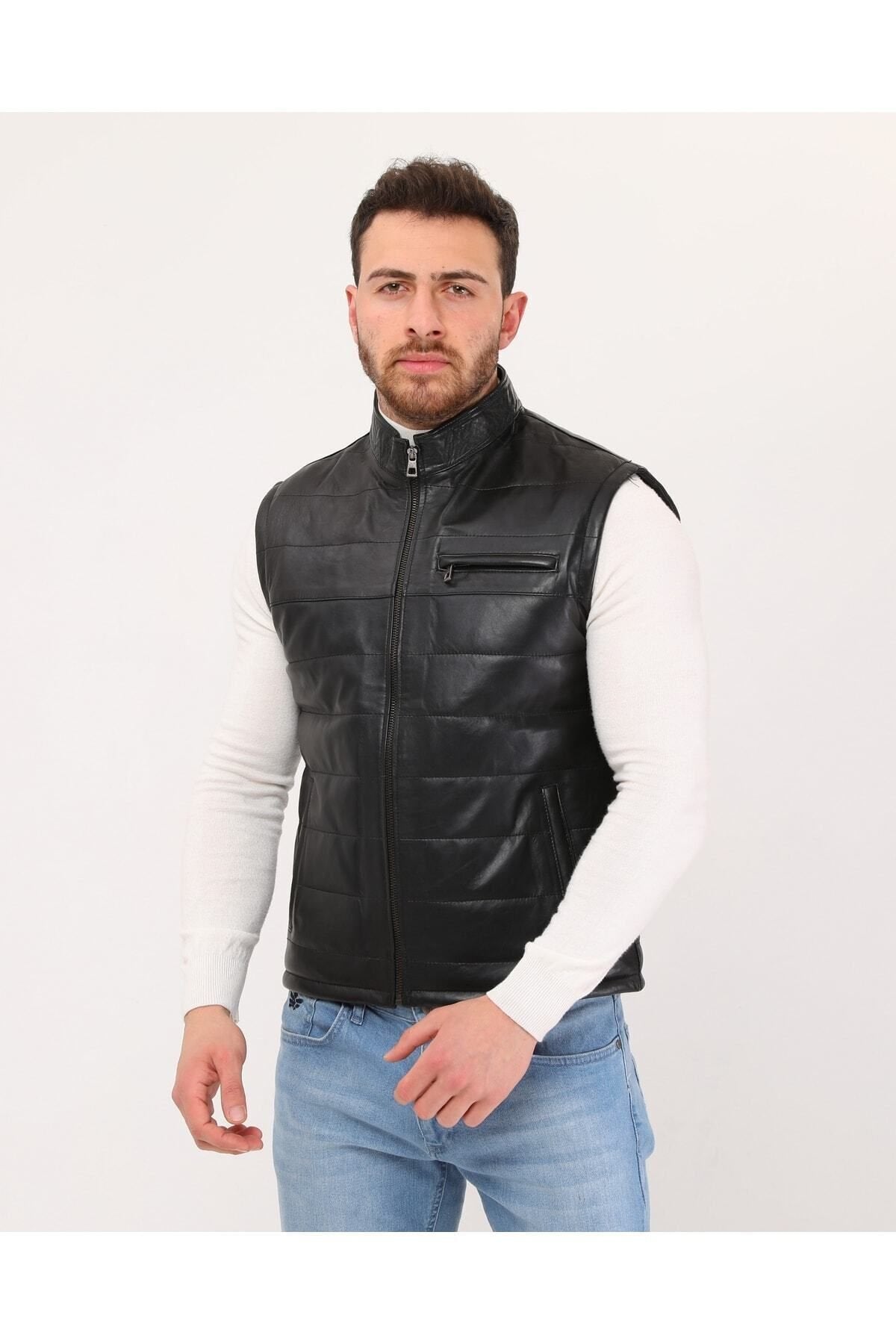 Hakiki Deri Şişme Yelek Hakim Yaka Siyah Renk