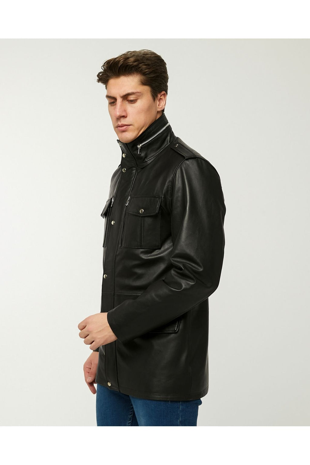 Hakiki deri uzun mont hakim dik yaka siyah renk