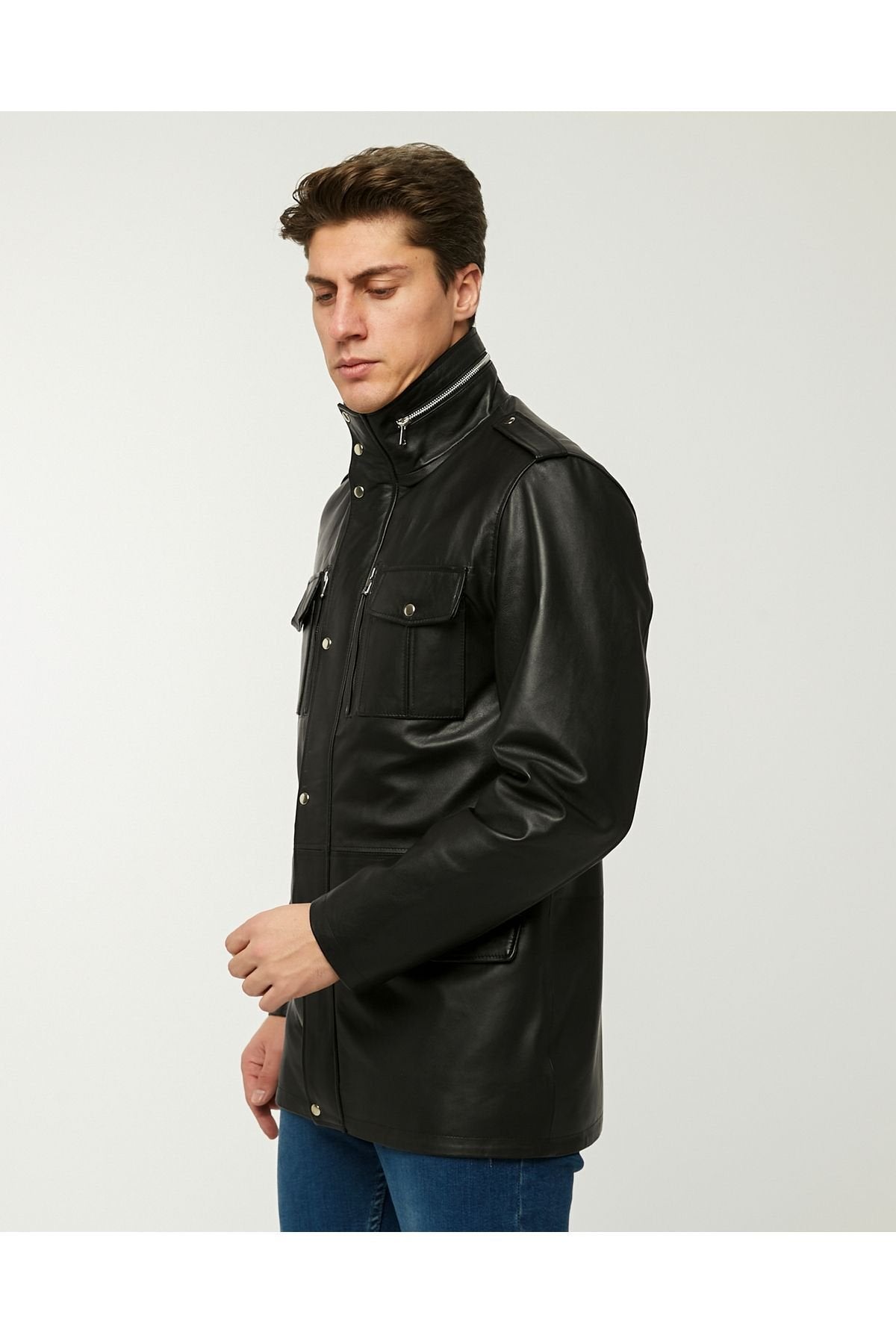 Hakiki deri uzun mont hakim dik yaka siyah renk