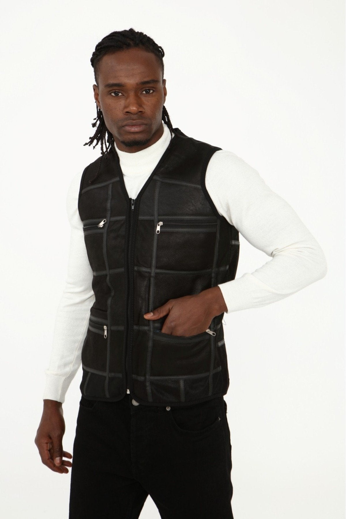 Parçalı Hakiki Deri ve Hakiki Kürk Parçalı yelek