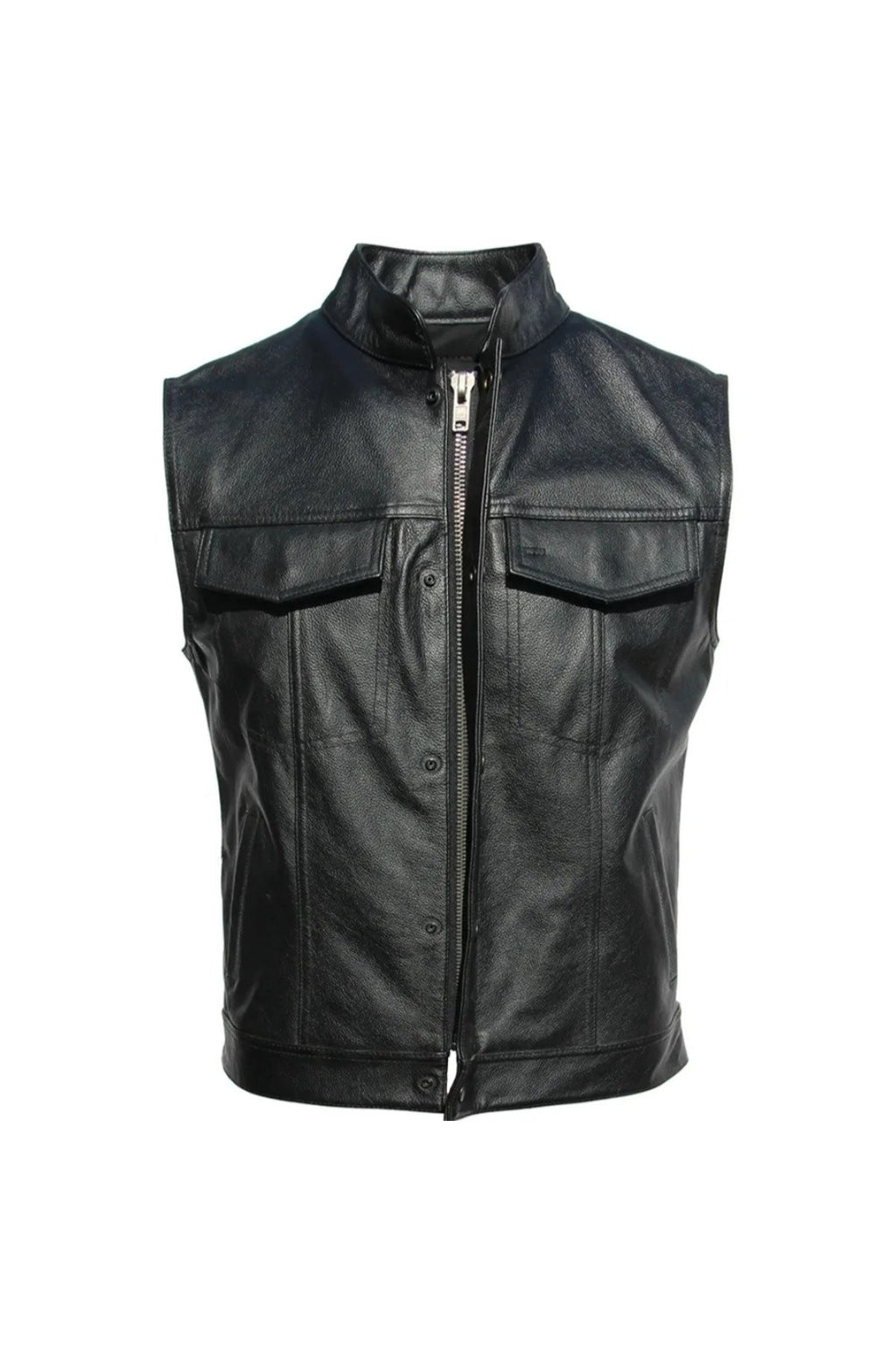 Hakiki deri motorcu tarzı yelek siyah renk cepleri fermuarlı