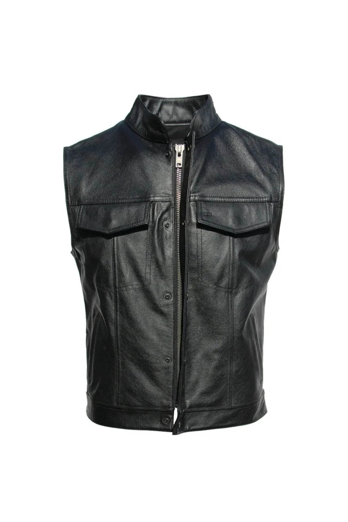 Hakiki deri motorcu tarzı yelek siyah renk cepleri fermuarlı