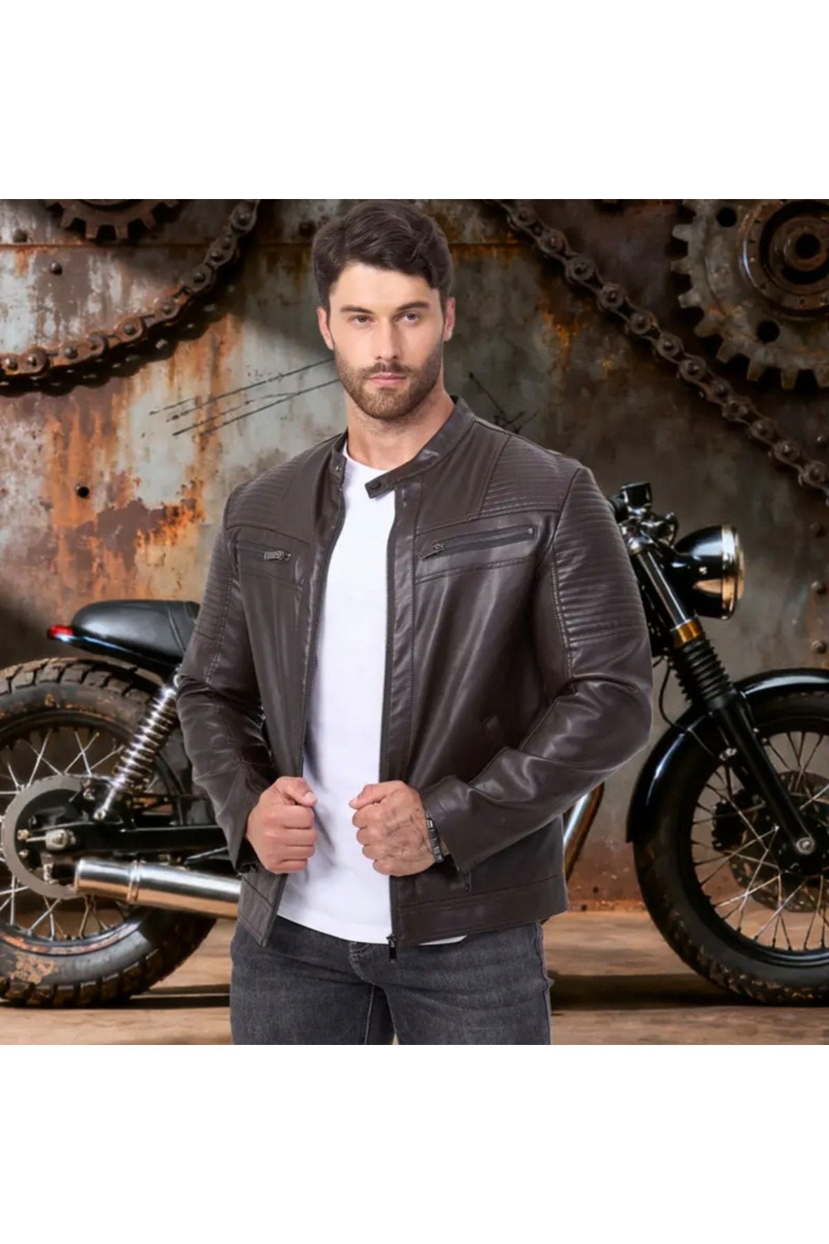 Omuzları ve Kolları Dikiş Detaylı Hakiki Kuzu Derisi Motorcu Mont Kahverengi